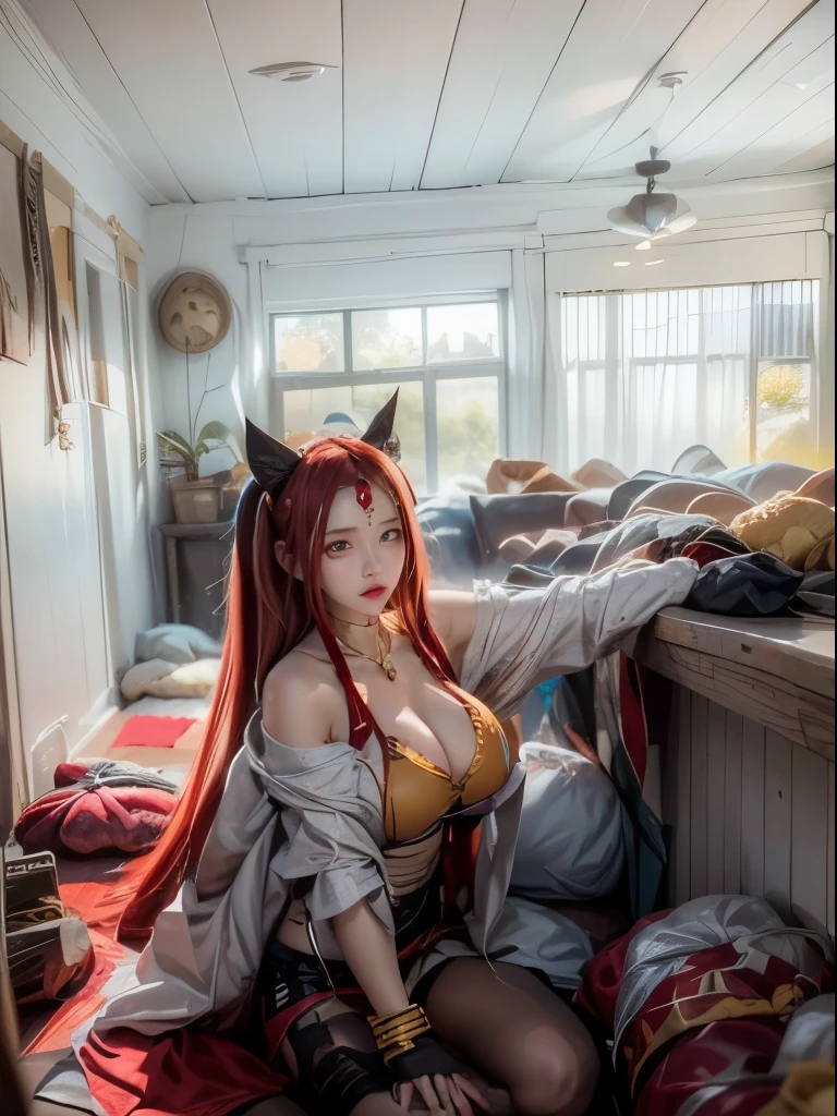 realistic, 1girls, handicrafts, best quality, 8k, red hair, big breasts, handbags, ponytails, tank tops, necklaces, jewelry, shorts, wide hips, gyaru, hair bands, yellow eyes, full body