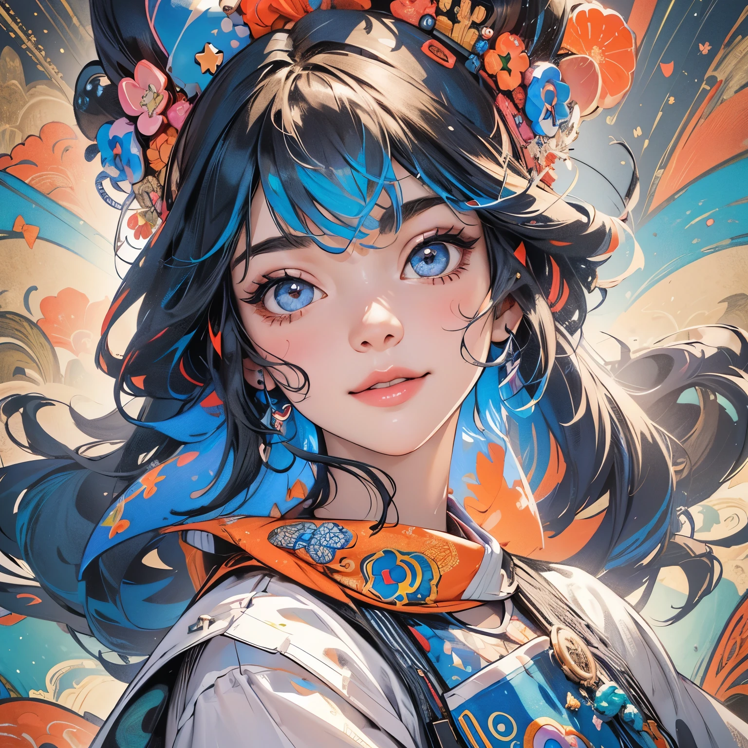 ((flowercrown)),Contemporary art created by tracing traces of colorful ink、​masterpiece、ultra-detailliert、pop-art、innocent smiles、eye glass、(1 girl, Solo:1.6),(Cute smile), (Best Impact:1.5), (maximalism:1.7), Vivid contrast, (Realistic), hyperrealistic illustrations, hight resolution, ultra-detailliert, absurderes,(Fractal Art:1.3)、Dress appearance、Random hairstyle、Random hair color colorful、FULL BODYSHOT、Retro、Precise focus、randome pose、cinema4d、Drama