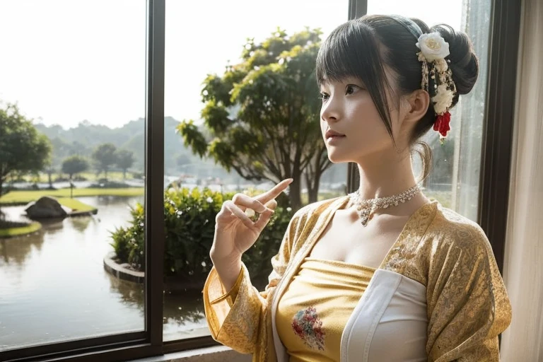 (highest quality,4K,8k,High resolution,masterpiece:1.2),Very detailed,(Realistic,photoRealistic,photo-Realistic:1.37),Portraiture,A woman in a stunning Burmese traditional dress,Beautifully decorated,Eye-catching brocade pattern,rich and vivid colors,Detailed embroidery work,Exquisite texture,A meticulously handcrafted dress,A vivid depiction of the essence of Burmese culture,Traditional floral motifs,Graceful silhouette,Fine creases and pleats,Highlights feminine elegance,Flowers and black single bun hair,Intricately placed hair pieces,Delicate and feminine,Sophisticatedたタッチを追加します,A soft yet confident look,Deep and seductive eyes,A faint smile and glossy lips,Perfect Skin,Golden accessories,Sophisticated、Sophisticatedています,A captivating presence,Subtle lighting,Dramatic Shadows,Showcasing feminine elegance and beauty,immersive visual experience
