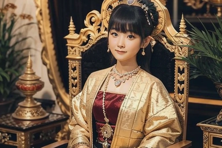 Beautiful queen wearing traditional dress with MMTD Burmese pattern,Wear a pearl necklace and a gold bracelet,Beautiful details throughout the body, Sitting in a kingly position on a long traditional golden throne in a golden palace, Myanmar traditional hairstyle,Optimal Configuration, Panorama cover photo, Centimetric lighting and ultra-realistic details, Octane Rendering, Unreal Engine, Sharp focus,32k ,UHD resolution