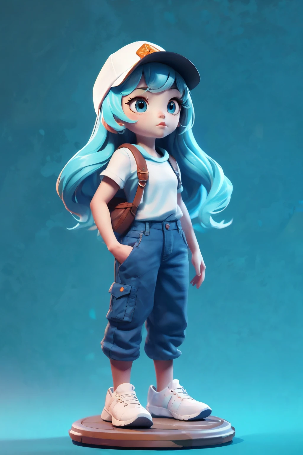 3D Characters,Farmer,(whole body:1.2),Simple Background, masterpiece,highest quality,(bleu ray gradient background:1.1)、White Hat、Long Hair