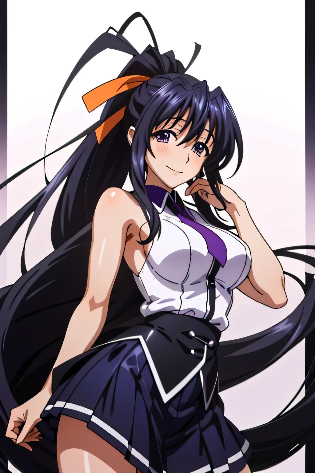 Himejima Akeno、Long Hair、(draw the eyes:1.2)、one person 、smile 、blush 
、Hold the skirt down
、turn around
、 
、(highest quality) 、(Fine skin:1.3)