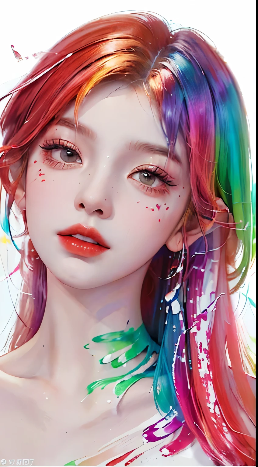 (masterpiece, highest quality, High resolution), White Background, ((Paint Splash, Color Splash, Ink splash, Color Splash)),, Kind Chinese girl, Rainbow Hair, Peach-colored lips, front, Upper Body