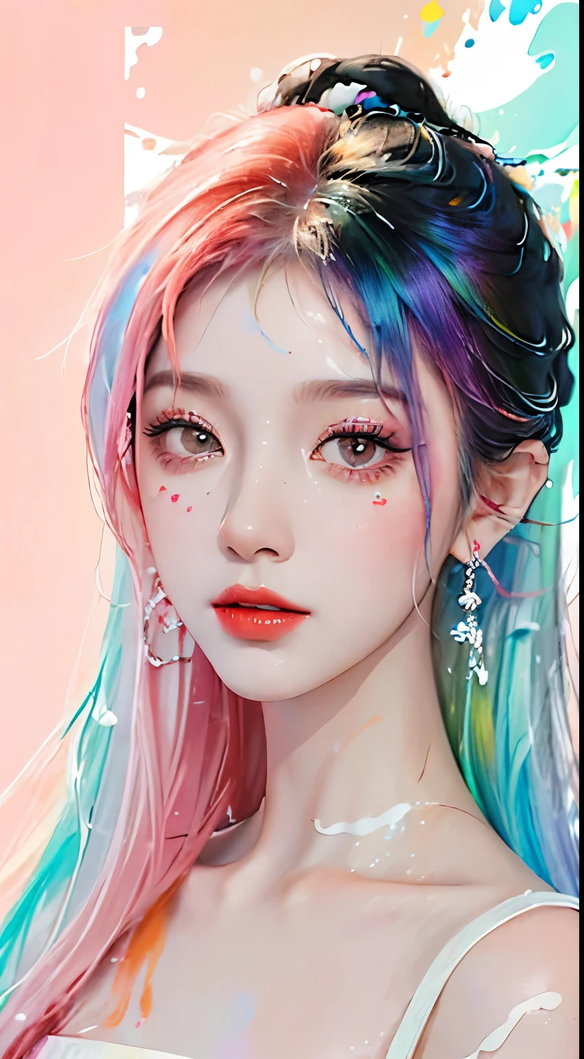 (masterpiece, highest quality, High resolution), White Background, ((Paint Splash, Color Splash, Ink splash, Color Splash)),, Kind Chinese girl, Rainbow Hair, Peach-colored lips, front, Upper Body