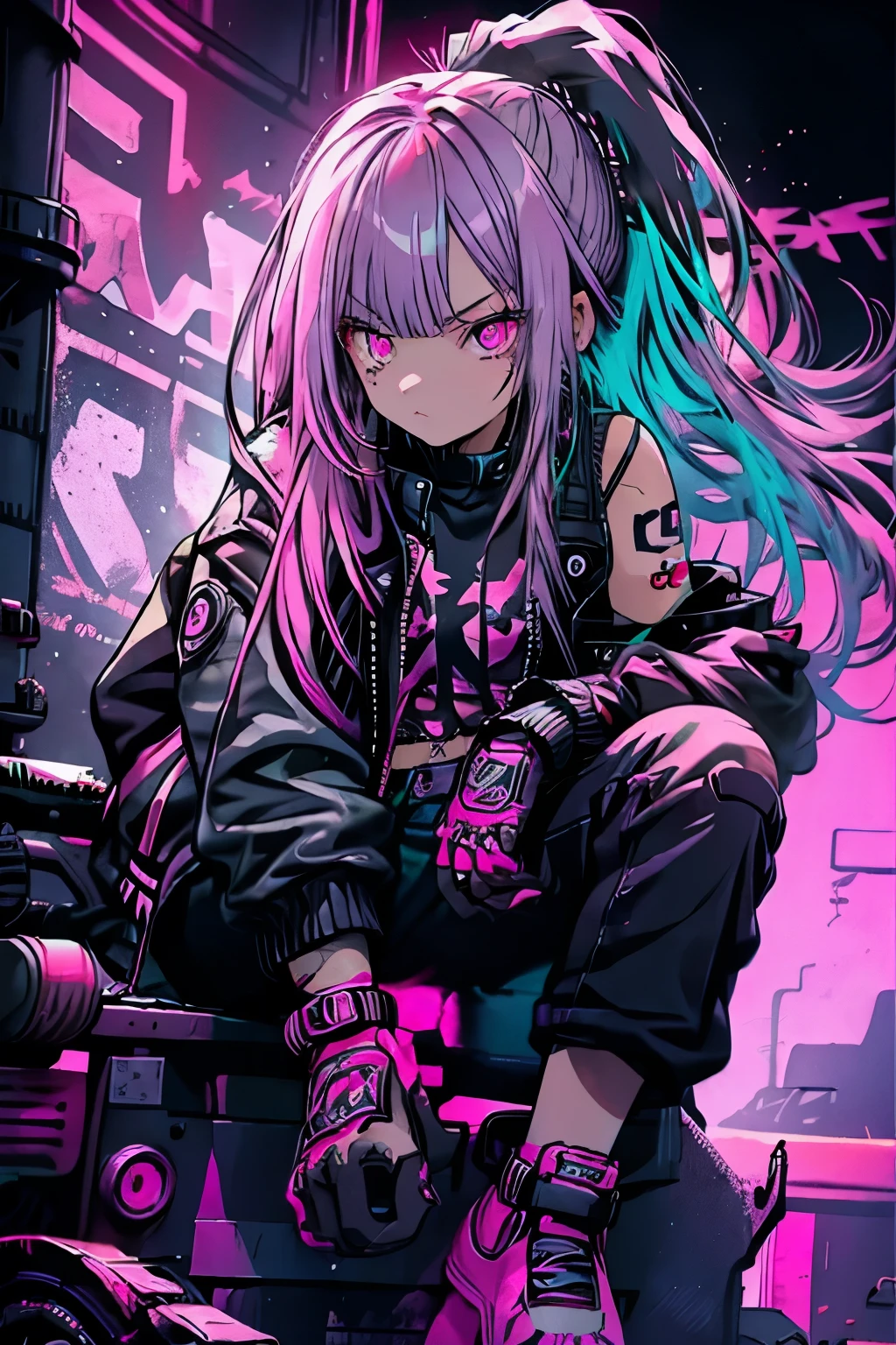 girl, Pink Long Hair, Pink Eyes, Black jacket, Distressed jeans, tattoo, ponytail, crazy, Sitting pose, Neon Background