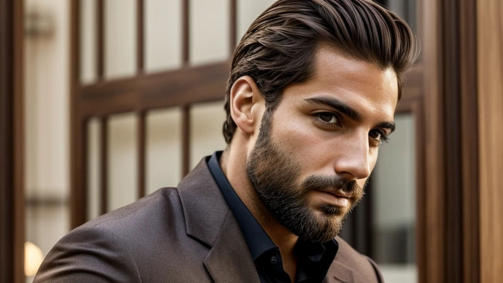 (melhor qualidade)), ((obra de arte)), (detalhado), rosto perfeito, homem de 27 anos italiano, billionaire, cabelos castanhos escuros,barba, de camisa branca , light brown eyes and a confident and serious look, musculoso e alto