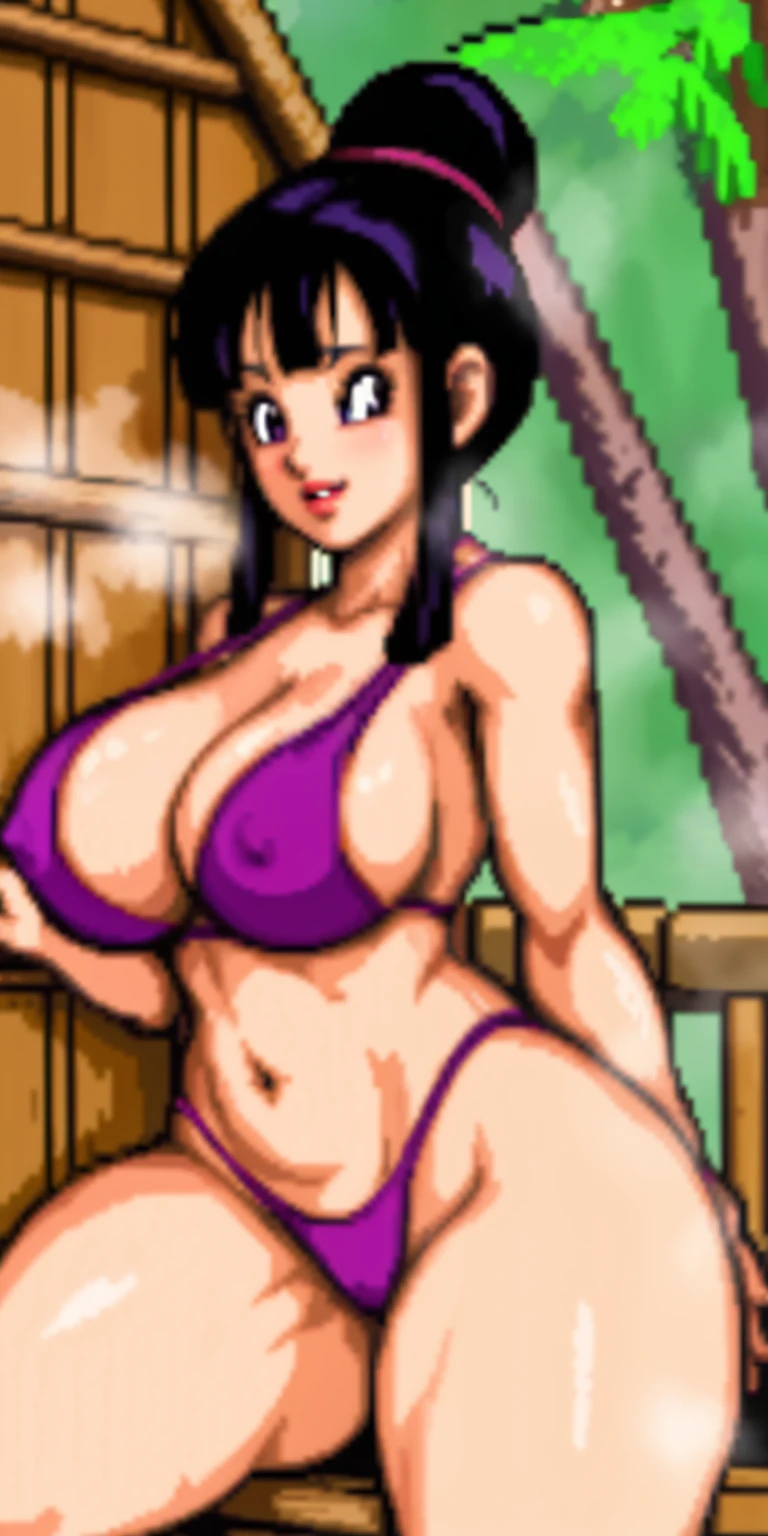 chichi_dbz, not_safe_for_work, nsfw, pixelart, pixel art, red bimbo lips, beautiful eyes, steamy sauna, sitting_inside_sauna, purple eyes, standing, solo, large_breasts, cleavage, purple_bathing_suit, black_thong, nipples, 2nipples, wet body, sweaty body, naked, masterpiece, best quality, detailed face, detailed eyes, highres, big breasts, biggest_behind, areola, big_ass, thick_thighs, anus, plump_pussy, wide_hips, black tight_thong, buttcrack_showing_ass, perfect_body, perfect_clothing, perfect_anatomy, nude,