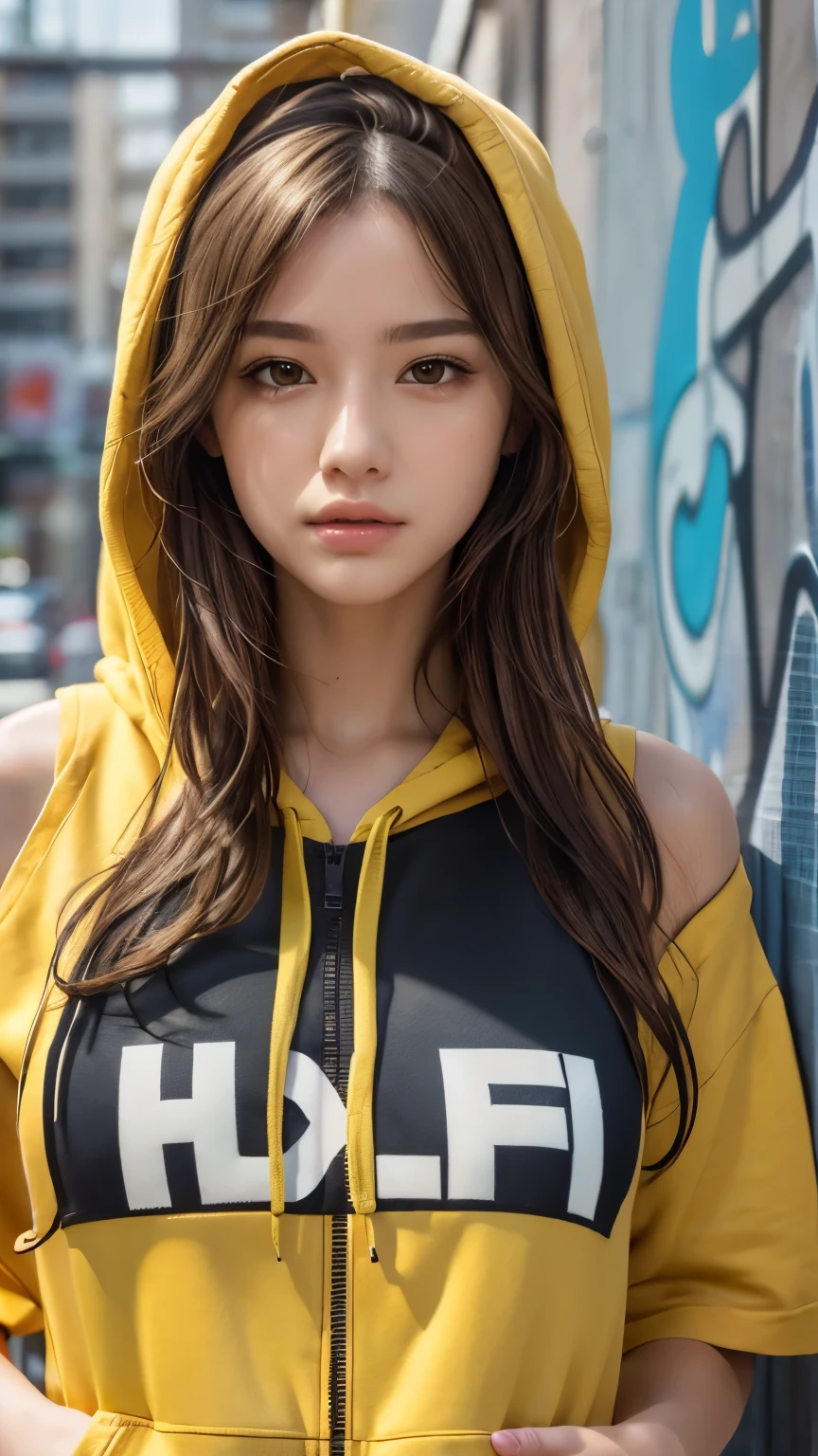 masterpiece, highest quality, Very detailed, 8k, Realistic, One Girl, alone, Tomboy, Very detailed face, (head shot:1.5), Upper Body, Standing in front of a wall covered in hip hop graffiti, Light brown long hair, He is wearing a short black tank top and an open-zipped yellow hoodie.。., Reaching into the pocket of a hoodie