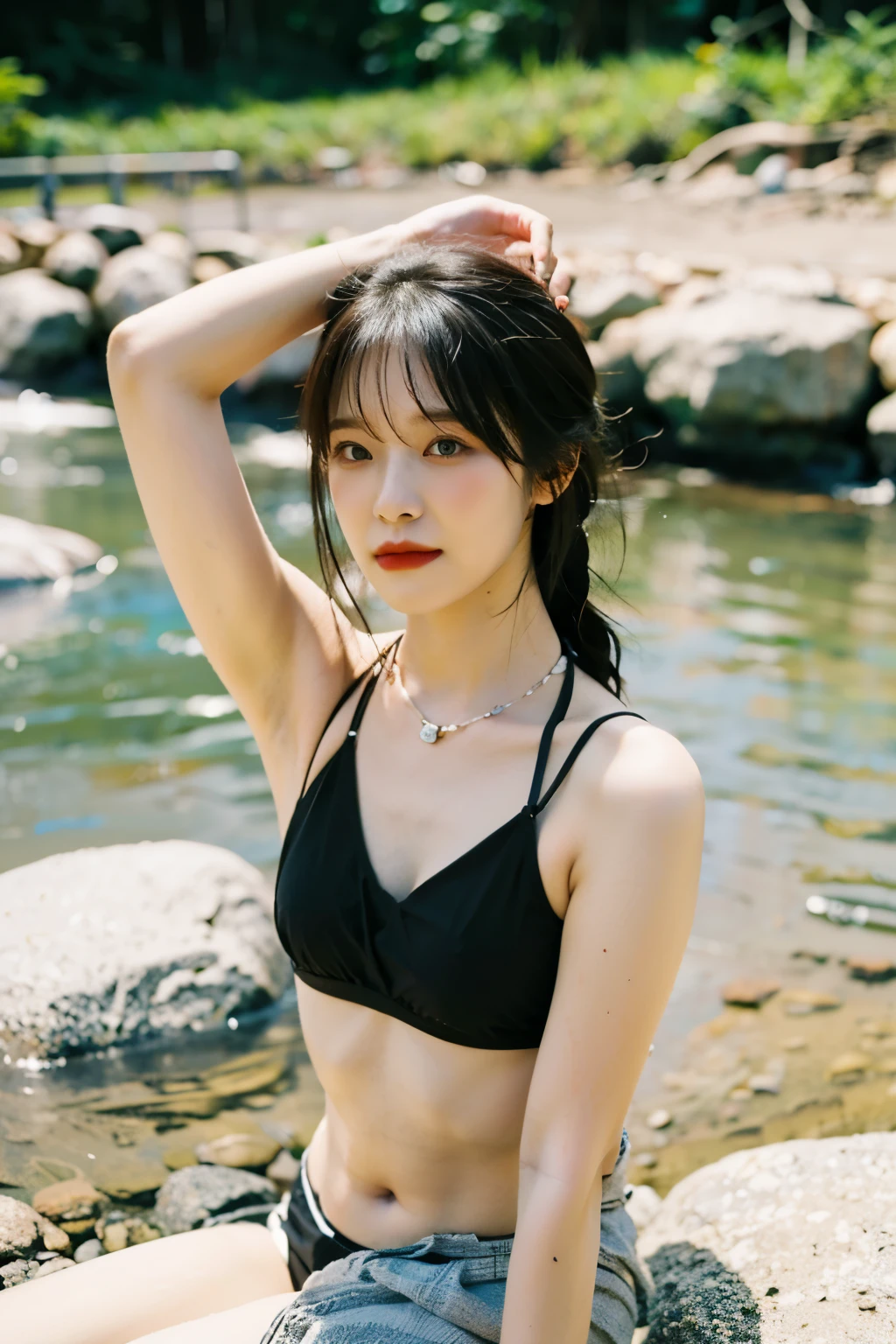 USING BLACK BIKINI ((Best quality, 8k, Masterpiece :1.3)), Sharp focus :1.2, Korean artist. ((wonyoung. 18year's old)) body. thin. slim. best quality, (black hair:1.2), long little curly hair, one girl, super model, shiny skin, braid, bangs, parted lips,captivating. ((face with make-up. Brown lipstick)) . Necklace. Earrings, FULL SHOT BODY, BLACK bikini)) sit down. On the rocks river flow_ mix4, 20d, solo, photo-realistic:1.37, armpit show off,