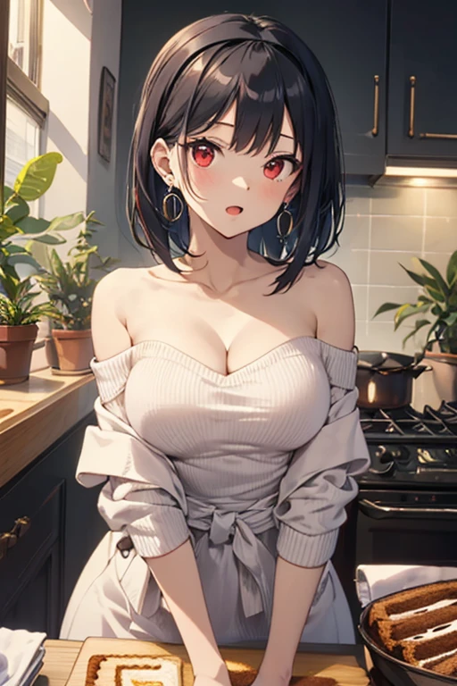 masterpiece, 1girl, Amazing Cleavage:1.3, thin waist, big ass, Raised sexy, medium breast:1.3,posed cleavage:1.2,solo, looking at viewer, open mouth, have a cup of coffee,black hair, red eyes, dress, bare shoulders, jewelry, collarbone, sidelocks, hairband, earrings, indoors, off shoulder, :o, sweater, arms behind back, plant, short hair with long locks, white hairband, off-shoulder dress, sweater dress, off-shoulder sweater, red sweater, big side hair, very long side hair,is rendered in (masterpiece: 1.2, best quality), with (ultra high resolution) and an exquisite (depth of field). This masterpiece is not only visually stunning but also tells, make of cooking some cakes ,in the kitchen