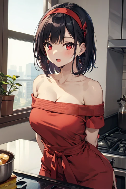 masterpiece, 1girl, Amazing Cleavage:1.3, thin waist, big ass, Raised sexy, medium breast:1.3,posed cleavage:1.2,solo, looking at viewer, open mouth, have a cup of coffee,black hair, red eyes, dress, bare shoulders, jewelry, collarbone, sidelocks, hairband, earrings, indoors, off shoulder, :o, sweater, arms behind back, plant, short hair with long locks, white hairband, off-shoulder dress, sweater dress, off-shoulder sweater, red sweater, big side hair, very long side hair,is rendered in (masterpiece: 1.2, best quality), with (ultra high resolution) and an exquisite (depth of field). This masterpiece is not only visually stunning but also tells, make of cooking some cakes ,in the kitchen
