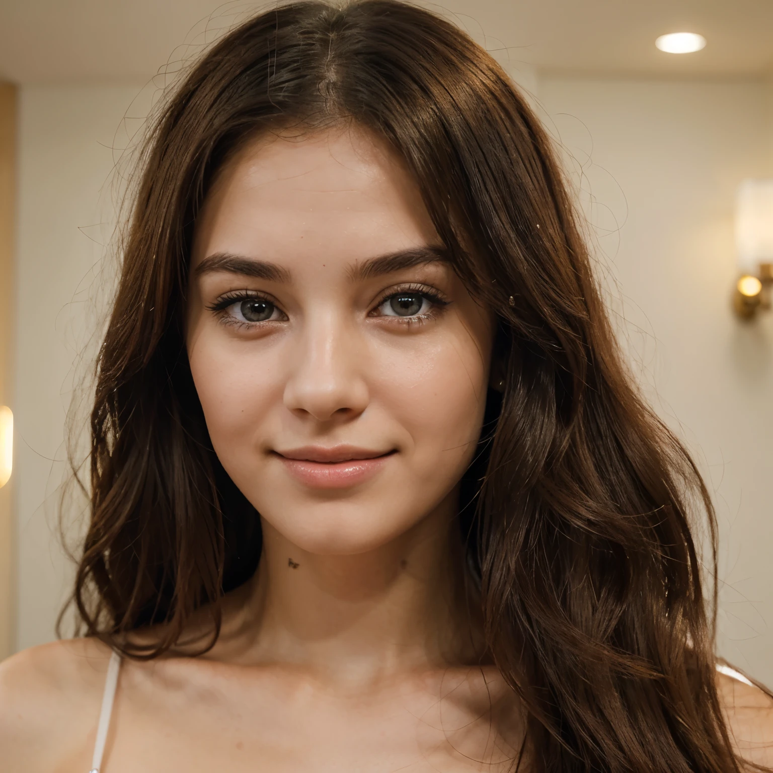 "Generate a realistic image of a 25-year-old woman with delicate features and a gentle expression. She should have fair, radiant skin and long, straight, silky hair. Her eyes should be expressive and bright, conveying serenity and confidence. The smile should be natural and welcoming, exuding an aura of positivity. Ensure that each detail contributes to creating an authentic and charming portrayal of this young woman."