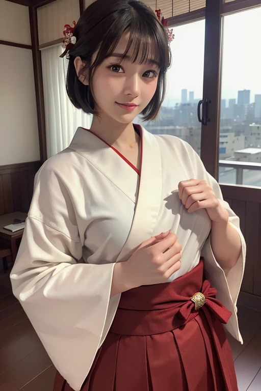 ((masterpiece、highest quality、Very detailed、High resolution、Sharp focus、Cinema Lighting))、、30 years old、Small face、No makeup、(Beautiful Eyes)、細部までBeautiful Eyes、bangs、Dark brown hair、bob cut、(Realistic Skin)、Beautiful Skin、Attractive Fashion、(Detailed clothing features)、、Sexy pose、(((masterpiece))), ((highest quality)), ((Intricate details)), ((Surreal)), irrational solution, Near and far, Very detailed, Awareness-raising, 1 girl, big breasts, Perfect hands, Finger details,smile,,,(miko:1.1),red hakama,hakama skirt, japanese clothes, kimono,wide sleeves,white kimono, black hair ,hair ornament, hairclip,