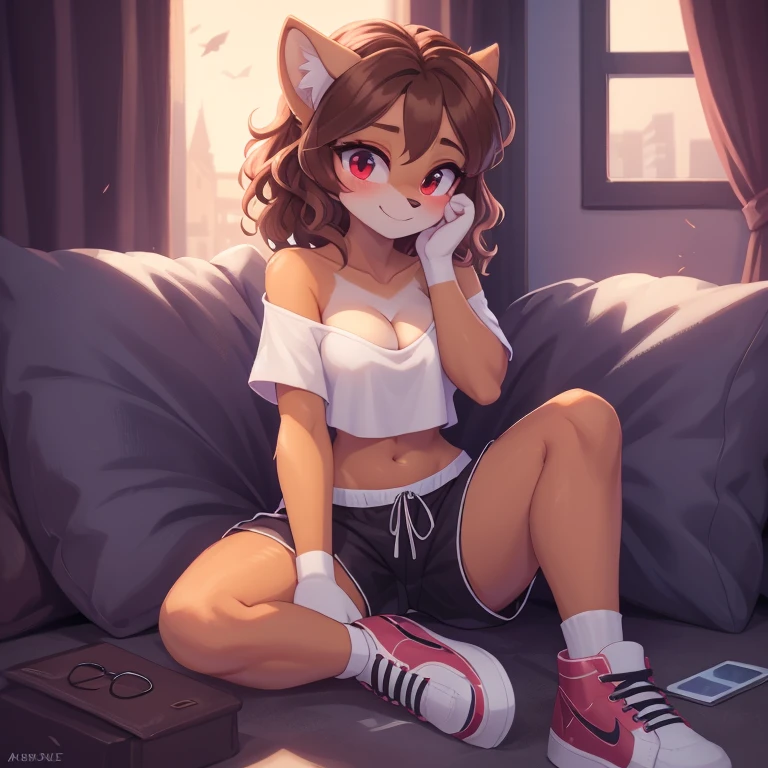 mobian, hedgehog, two-tone fur ((orange fur, brown fur)), pyjama elastic shorts, strapless crop top, cleavage, high-top sneakers, two-tone hair (brown hair, black tip)), curly hair, halo, sunglasses, jewelry, red eyes, longeyelashes, red eyes, smile, shy, blush, high detail, masterpiece, UHD, anatomically correct, super detail, highres, 4K