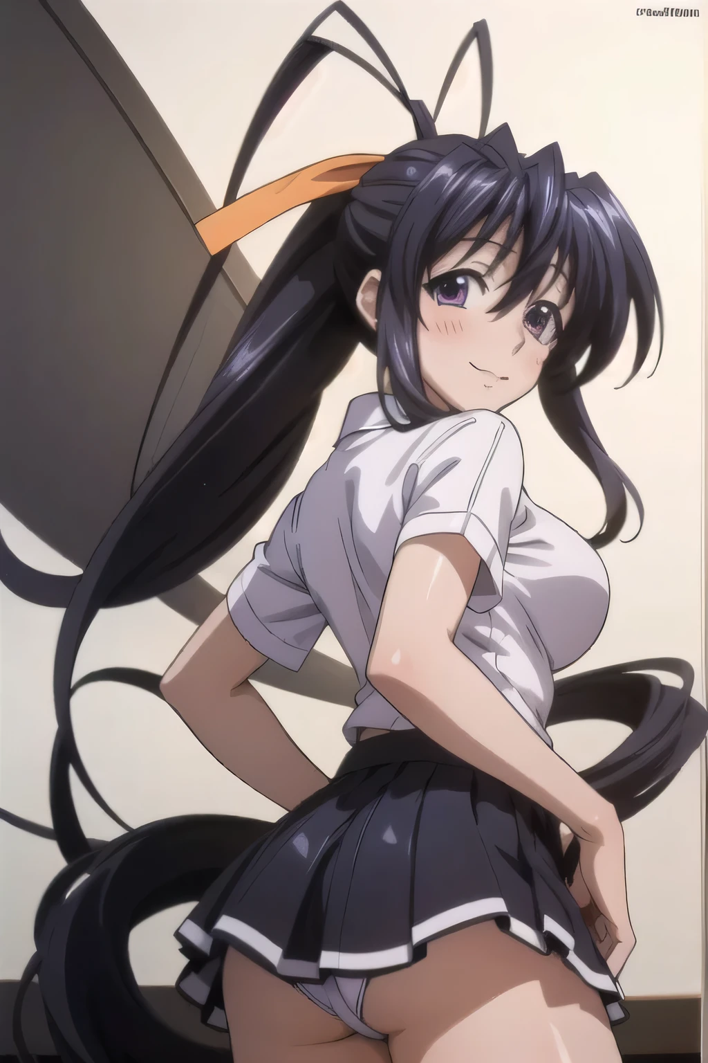 Himejima Akeno、Long Hair、(draw the eyes:1.2)、one person 、smile 、blush 、Hold the skirt down 、look back 、 、(highest quality) 、(Fine skin:1.3)