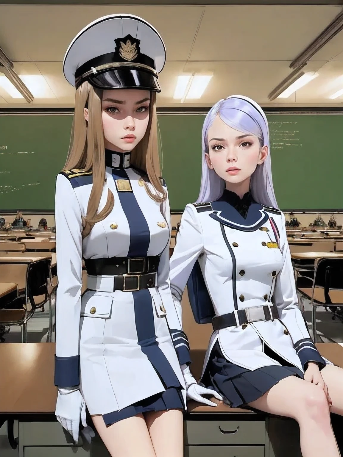 superflat, flat shading, flat colors, (masterpiece:1.2, best quality), (closeup), (2women:1.4), , slim, (white military outfit), pleated skirt, military hat, space cadet, sitting by desk, in classroom, put head on hand, bored, classmates in background, (spaceship interiors), futuristic, cosmos, watercolor