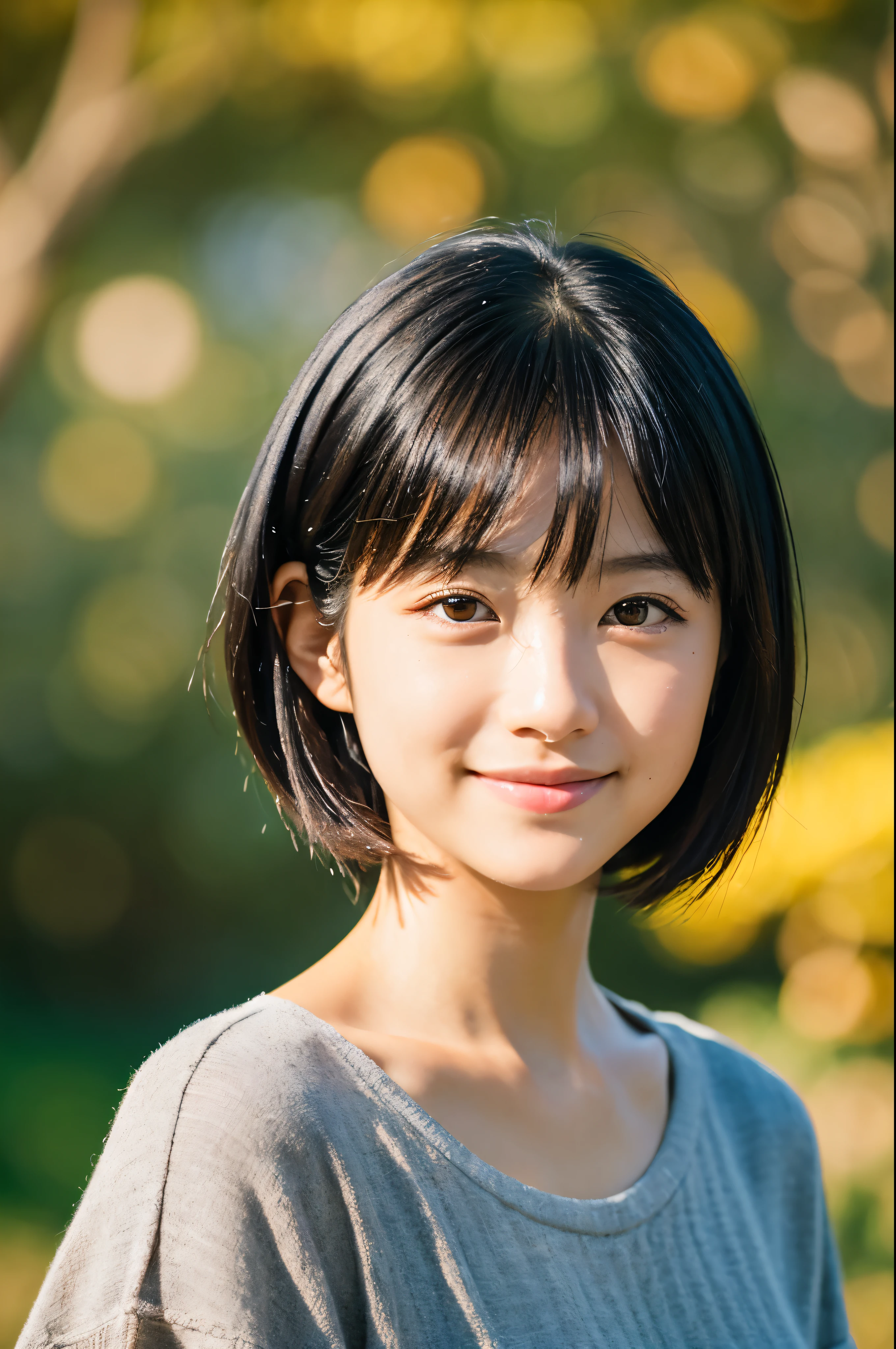 Portraiture, 8k, high quality, Realistic Photographic Images, 17 years old, Japanese women, Neat, small, Natural and realistic eyes, Beautiful black hair, short hair, light makeup, Octane Rendering, Beautiful lighting, Golden ratio composition, smile, Casual wear, Casual clothing, Natural background, Blurred Background