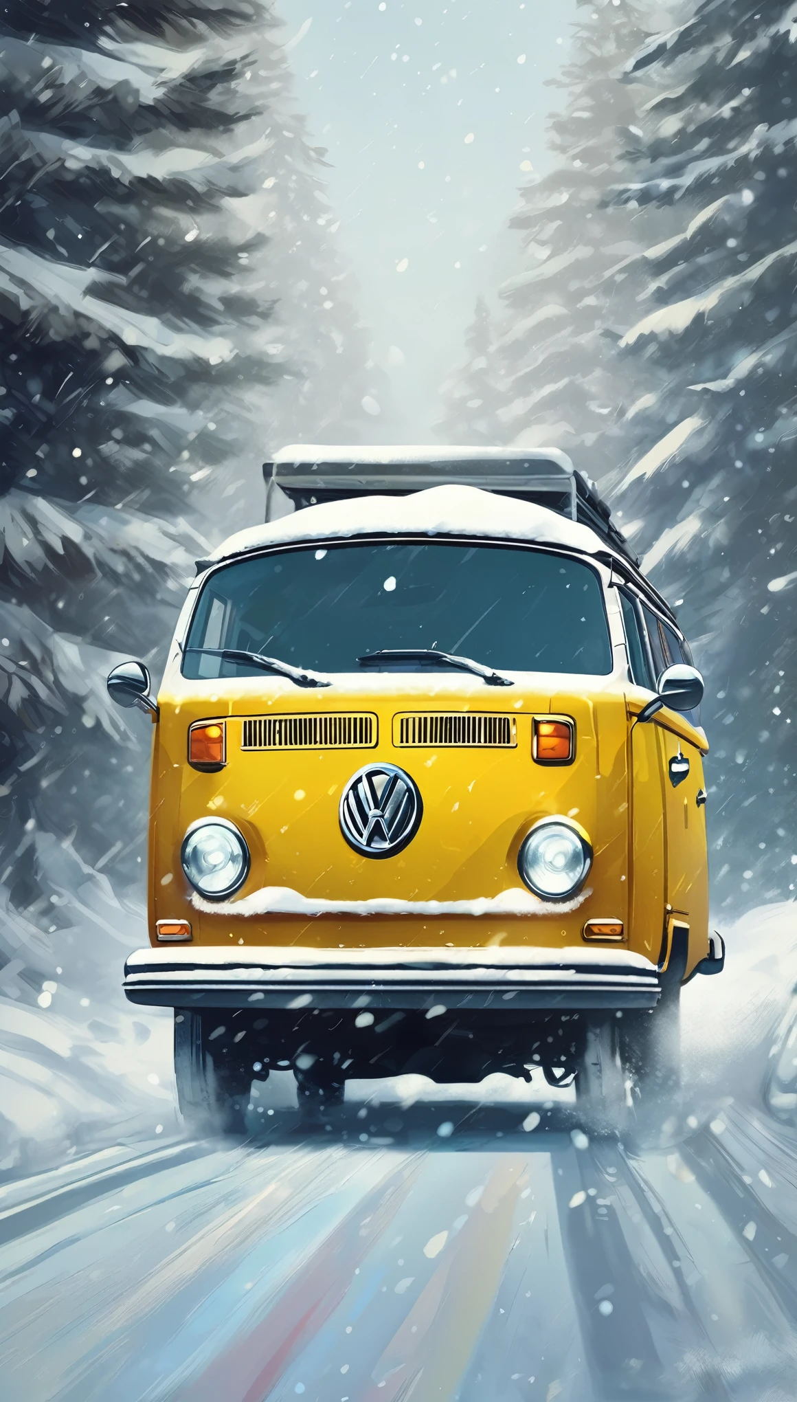 a digital illustration of a yellow Volkswagen on a road, snow, cold, Alaska, beautiful retro art, Volkswagen van, cheio de cores e detalhes ricos, Alaska, neve, montanhas, frio, estilo ross tran, Direction: Painter Müller, Cores e detalhes ricos, pintura de arte pop, estilo de pintura super realista, oil painting H 768, bela pintura, in retro colors, pintura beatufil, arte vetorial