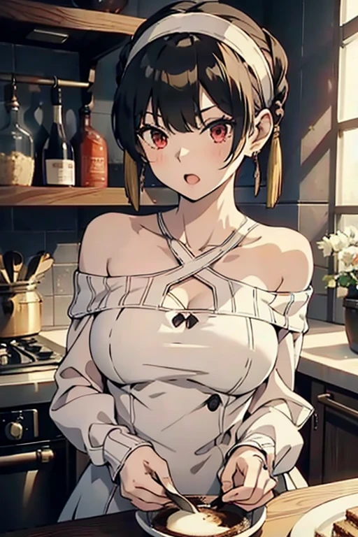 masterpiece, 1girl, Amazing Cleavage:1.3, thin waist, big ass, Raised sexy, medium breast:1.3,posed cleavage:1.2,solo, looking at viewer, open mouth, have a cup of coffee,black hair, red eyes, dress, bare shoulders, jewelry, collarbone, sidelocks, hairband, earrings, indoors, off shoulder, :o, sweater, arms behind back, plant, short hair with long locks, white hairband, off-shoulder dress, sweater dress, off-shoulder sweater, red sweater, big side hair, very long side hair,is rendered in (masterpiece: 1.2, best quality), with (ultra high resolution) and an exquisite (depth of field). This masterpiece is not only visually stunning but also tells, make of cooking some cakes ,in the kitchen
