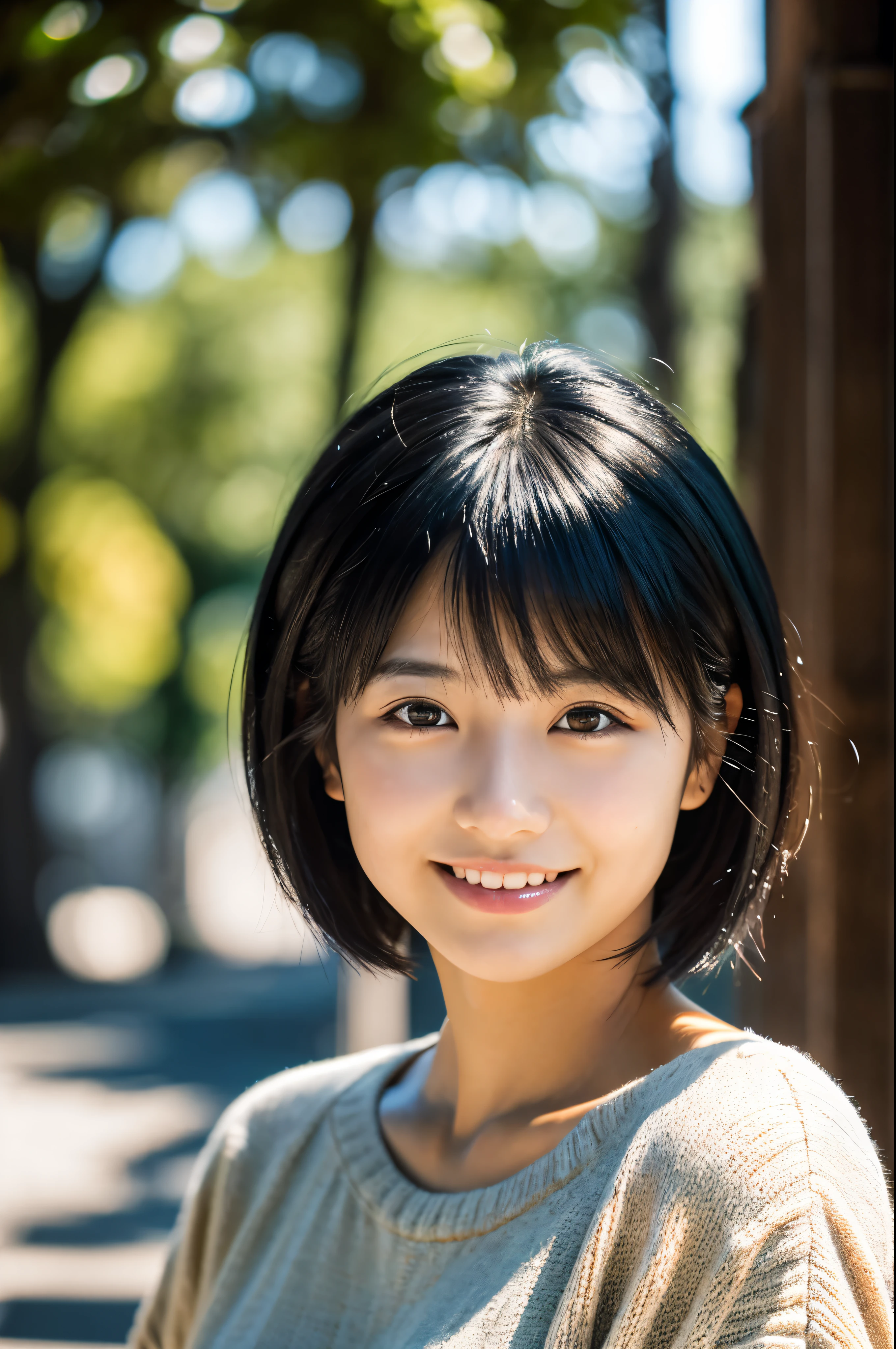 Portraiture, 8k, high quality, Realistic Photographic Images, 17 years old, Japanese women, Neat, small, Natural and realistic eyes, Beautiful black hair, short hair, light makeup, Octane Rendering, Beautiful lighting, Golden ratio composition, smile, Casual wear, Casual clothing, Natural background, Blurred Background
