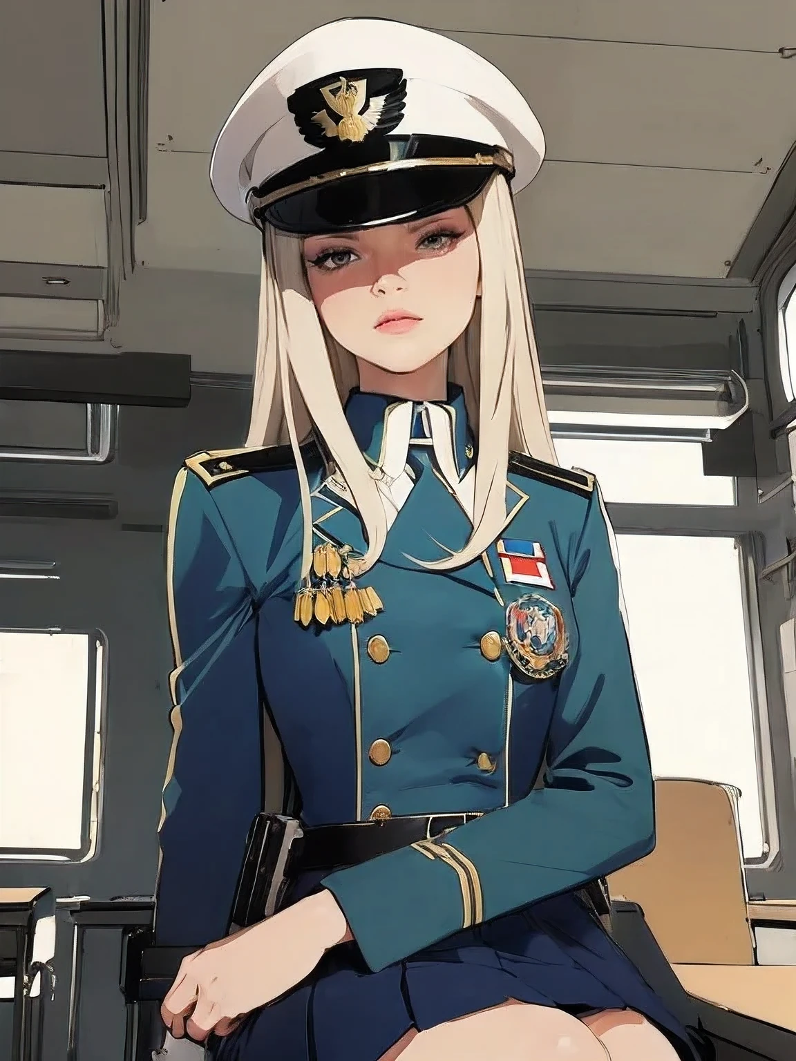 superflat, flat shading, flat colors, (masterpiece:1.2, best quality), (closeup), (2women:1.4), teen, slim, (white military outfit), pleated skirt, military hat, space cadet, sitting by desk, in classroom, put head on hand, bored, classmates in background, (spaceship interiors), futuristic, cosmos, watercolor