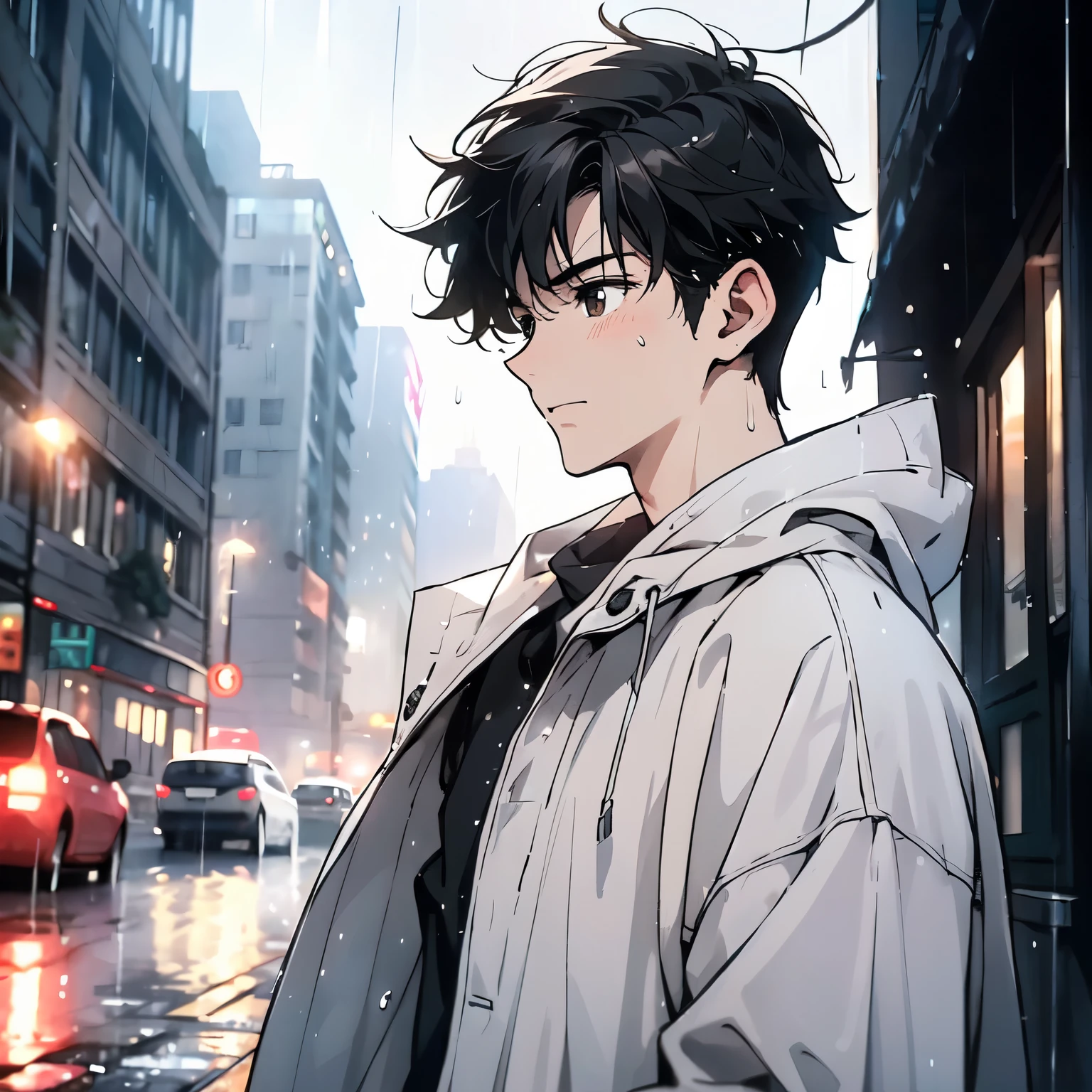 A black hair，18-year-old man in white sweater，Standing on a rainy city street，Look up at the sky at a 45-degree angle，Sad expression，Laugh and cry，sweat（Upper body display：1.5）（cinematic lighting：1.5）)(ultra-high detail:1.5)(best quality:1.5)