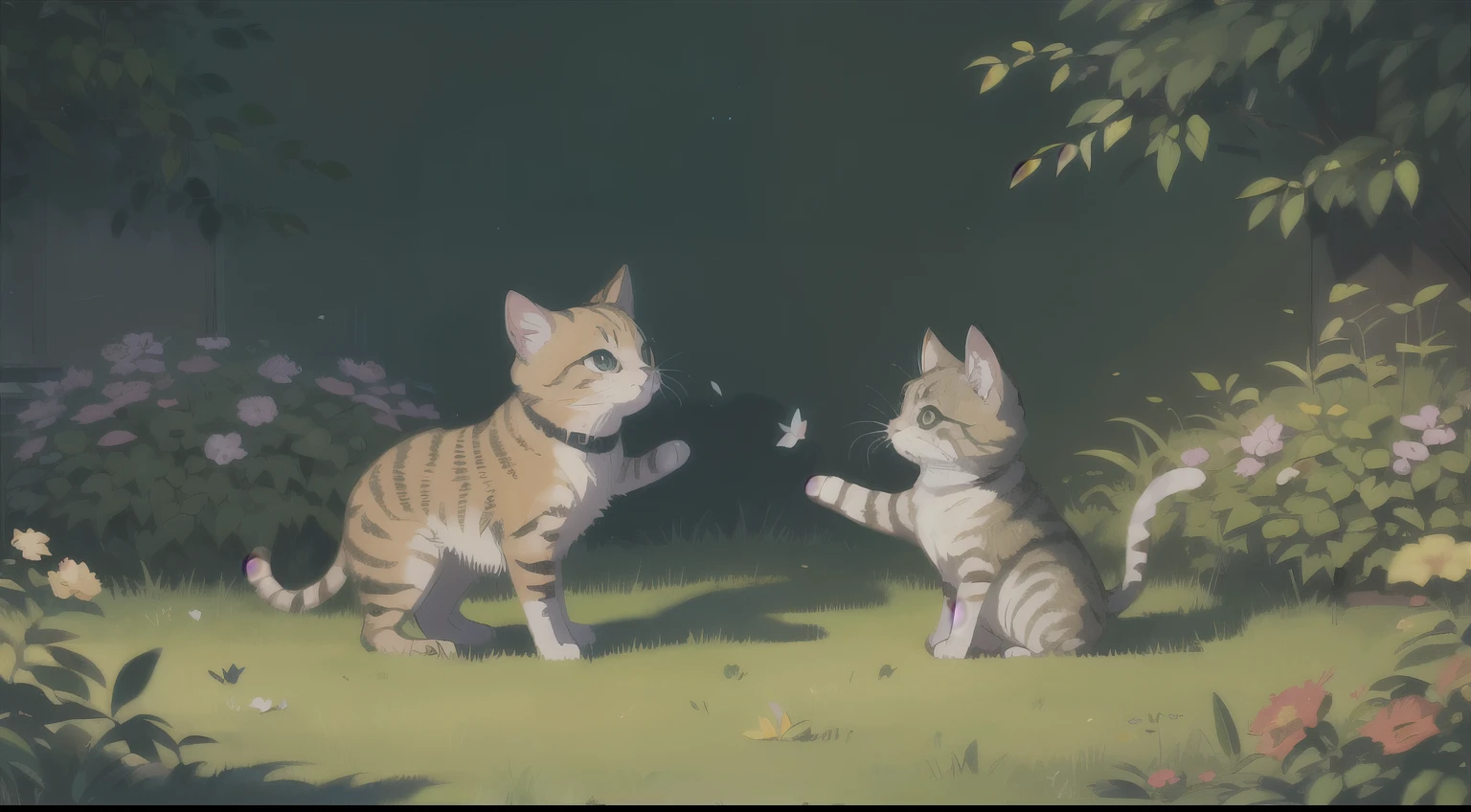 (this_shadow), Kitten and butterfly playing in the garden, masterpiece,best quality,