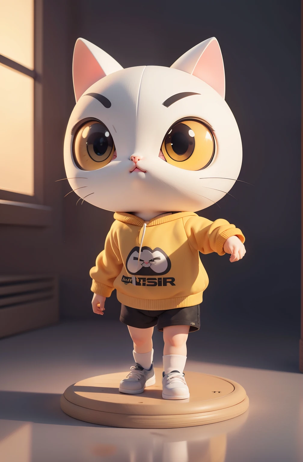 IP for 1 kitten,(Cartoon cat),(White and yellow sweatshirt),Whole-body vision,Round eyes,Big head and ,Black background,Natural light,8k,masterpiece,highest quality,Ultra-fine,Clay Materials,Pixar Style, 3D Style, c4d, Blender,OC Rendering
