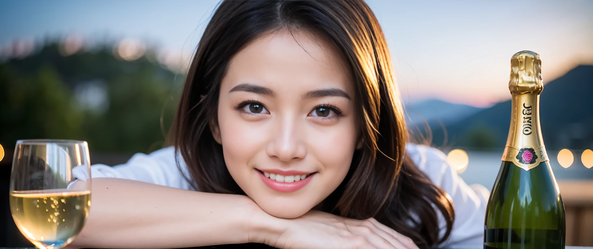 ((highest quality、8k、masterpiece:1.3))、Beautiful woman perfect body:1.4、slimなボディ、((Bob Hale、Straight hair:1.2))、 Ultra-high resolution, Bright image、2. The beauty of wine, Beautiful Face, blue eyes, Beautiful Eyes, The light shines on your face, Blushing your nose, short hair,Amazing view of the sunset sky and clouds、Amazing mountain views、ニコニコ明るいsmile、smileの素敵な女性、Bright Face、Fox face、Lady、Champagne、Wine bottle、wine glass、red wine 、Appetizers、Italian food、Two beauties、Brown Hair、Shortcuts、Long sleeve shirt、Winter Fashion、dress、Wine bottle、sparkling wine、Pretty Woman 1, (slimな顔), (Brown Hair), (Shortcuts), cheeks turn a little red, (42 years old), 39 years old, Attractive beauty、restaurant, Nova Frog Style, actress, model, Upper Body, White wine, slim, wine glass, 真ん中に置かれたwine glass, smile, (smile: 1.15), 綺麗なBeautiful Eyes, Strong light and shadow,Moist Body:1.5、Delicate eyes、Brown Hair、The hair is very shiny、