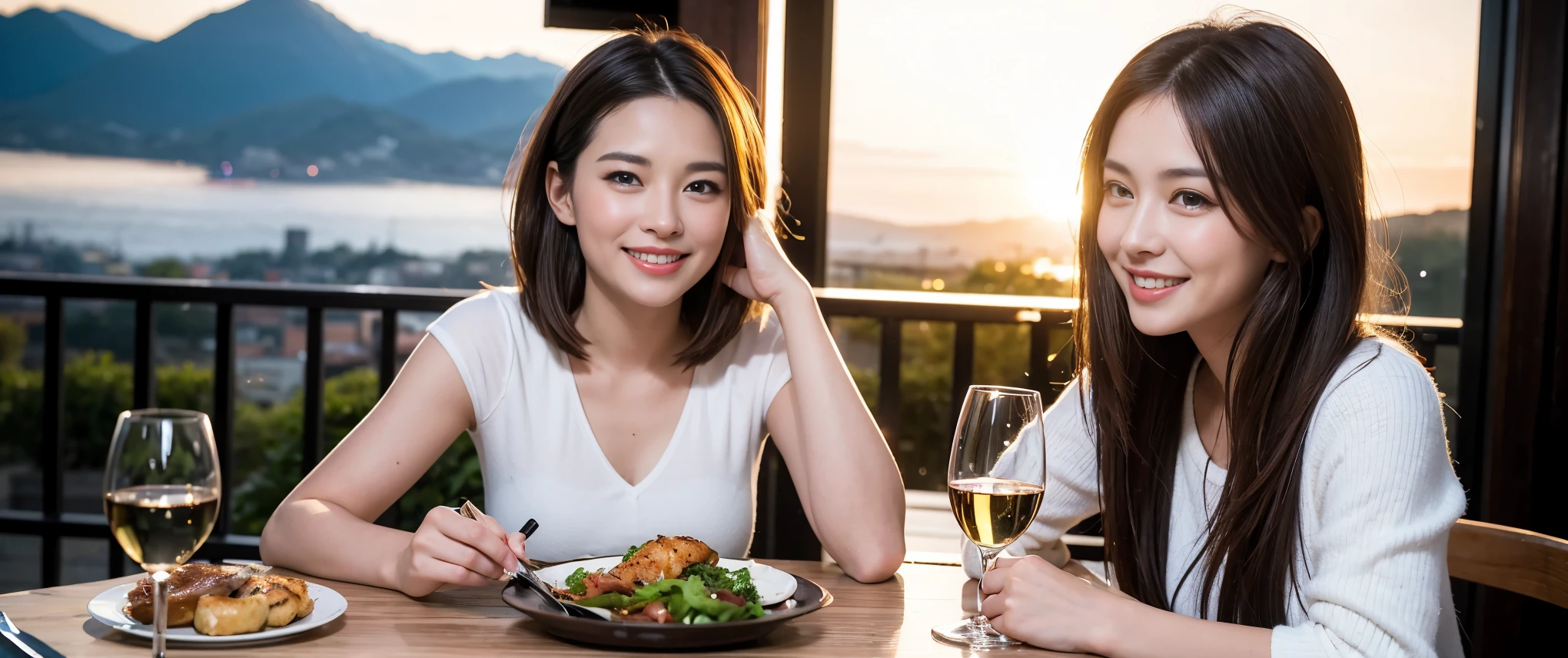 ((highest quality、8k、masterpiece:1.3))、Beautiful woman perfect body:1.4、slimなボディ、((Bob Hale、Straight hair:1.2))、 Ultra-high resolution, Bright image、2. The beauty of wine, Beautiful Face, blue eyes, Beautiful Eyes, The light shines on your face, Blushing your nose, short hair,Amazing view of the sunset sky and clouds、Amazing mountain views、ニコニコ明るいsmile、smileの素敵な女性、Bright Face、Fox face、Lady、Champagne、Wine bottle、wine glass、red wine 、Appetizers、Italian food、Two beauties、Brown Hair、Shortcuts、Long sleeve shirt、Winter Fashion、dress、Wine bottle、sparkling wine、Pretty Woman 1, (slimな顔), (Brown Hair), (Shortcuts), cheeks turn a little red, (42 years old), 39 years old, Attractive beauty、restaurant, Nova Frog Style, actress, model, Upper Body, White wine, slim, wine glass, 真ん中に置かれたwine glass, smile, (smile: 1.15), 綺麗なBeautiful Eyes, Strong light and shadow,Moist Body:1.5、Delicate eyes、Brown Hair、The hair is very shiny、