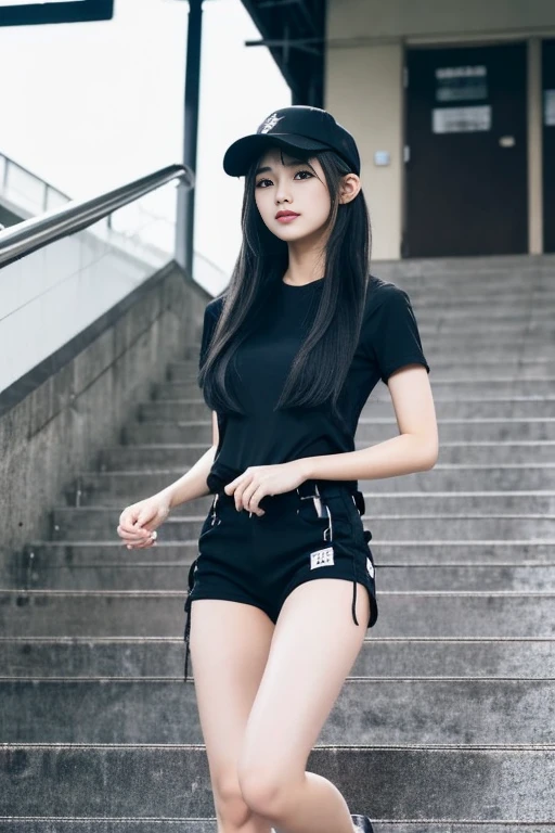 Japanese women、young woman、cute、Beauty、Straight face、Climbing the stairs at the station、Look back here、Looking down here、Long black hair、Wearing a black cap、Black hot pants、I can see your thighs、Beautiful legs、Beautiful feet、Tight clothing、Emphasizes chest line、Mid-chest