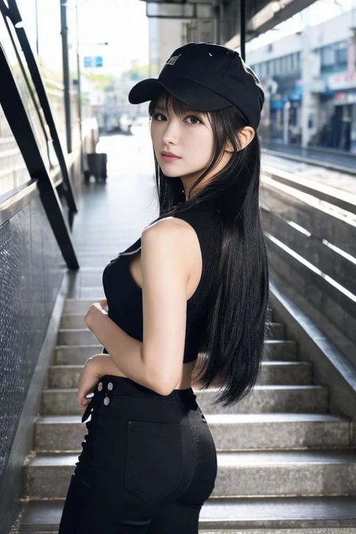 Japanese women、young woman、cute、Beauty、Straight face、Climbing the stairs at the station、Look back here、Looking down here、Long black hair、Wearing a black cap、Black hot pants、I can see your thighs、Beautiful legs、Beautiful feet、Tight clothing、Emphasizes chest line、Mid-chest
