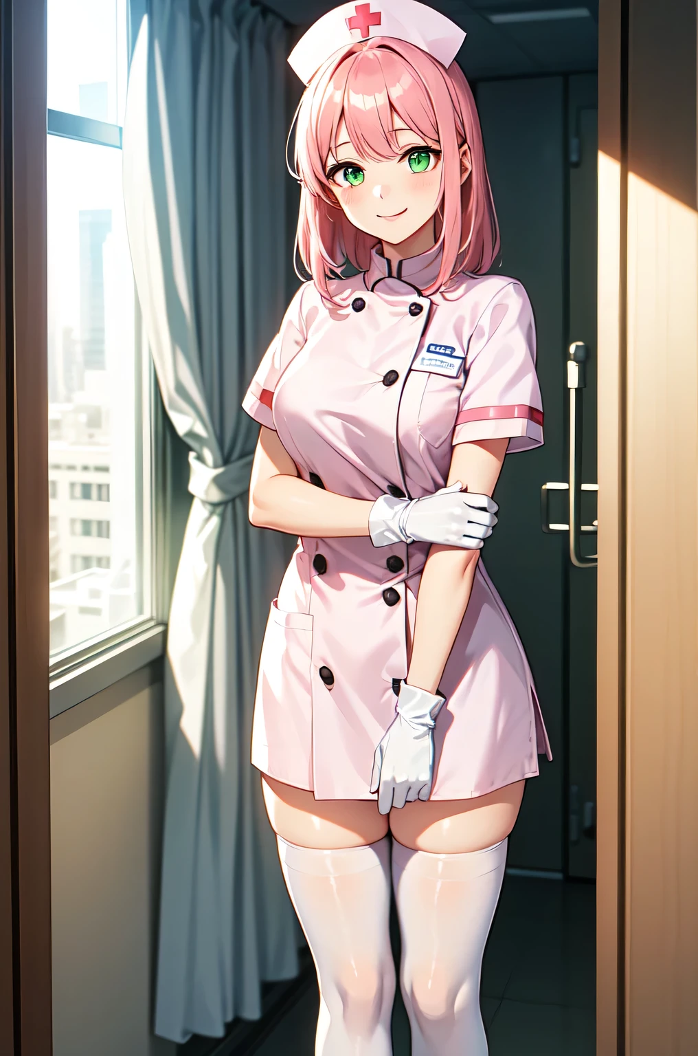 1girl, solo, nurse, white nurse cap, white nurse uniform, ((white legwear, zettai ryouiki)), white gloves, pink hair, green eyes, drooping eyes, smile, standing, ((hospital room)), sharp outline, short sleeves, best quality, masterpiece