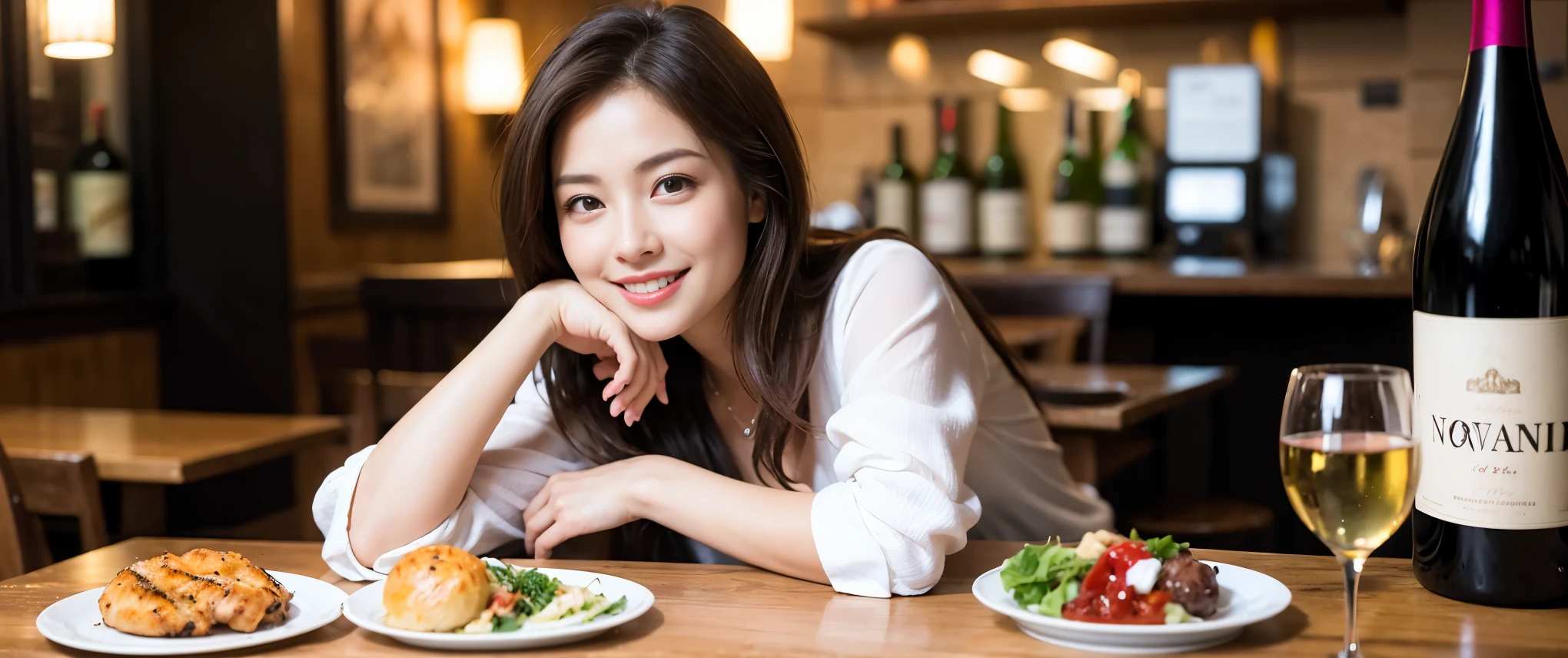 ((highest quality、8k、masterpiece:1.3))、Beautiful woman perfect body:1.4、slimなボディ、((Bob Hale、Straight hair:1.2))、 Ultra-high resolution, Bright image、2. The beauty of wine, Beautiful Face, blue eyes, Beautiful Eyes, The light shines on your face, Blushing your nose, short hair,Amazing view of the sunset sky and clouds、Amazing mountain views、ニコニコ明るいsmile、smileの素敵な女性、Bright Face、Fox face、Lady、Champagne、Wine bottle、wine glass、red wine 、Appetizers、Italian food、Two beauties、Brown Hair、Shortcuts、Long sleeve shirt、Winter Fashion、dress、Wine bottle、sparkling wine、Pretty Woman 1, (slimな顔), (Brown Hair), (Shortcuts), cheeks turn a little red, (42 years old), 39 years old, Attractive beauty、restaurant, Nova Frog Style, actress, model, Upper Body, White wine, slim, wine glass, 真ん中に置かれたwine glass, smile, (smile: 1.15), 綺麗なBeautiful Eyes, Strong light and shadow,Moist Body:1.5、Delicate eyes、Brown Hair、The hair is very shiny、