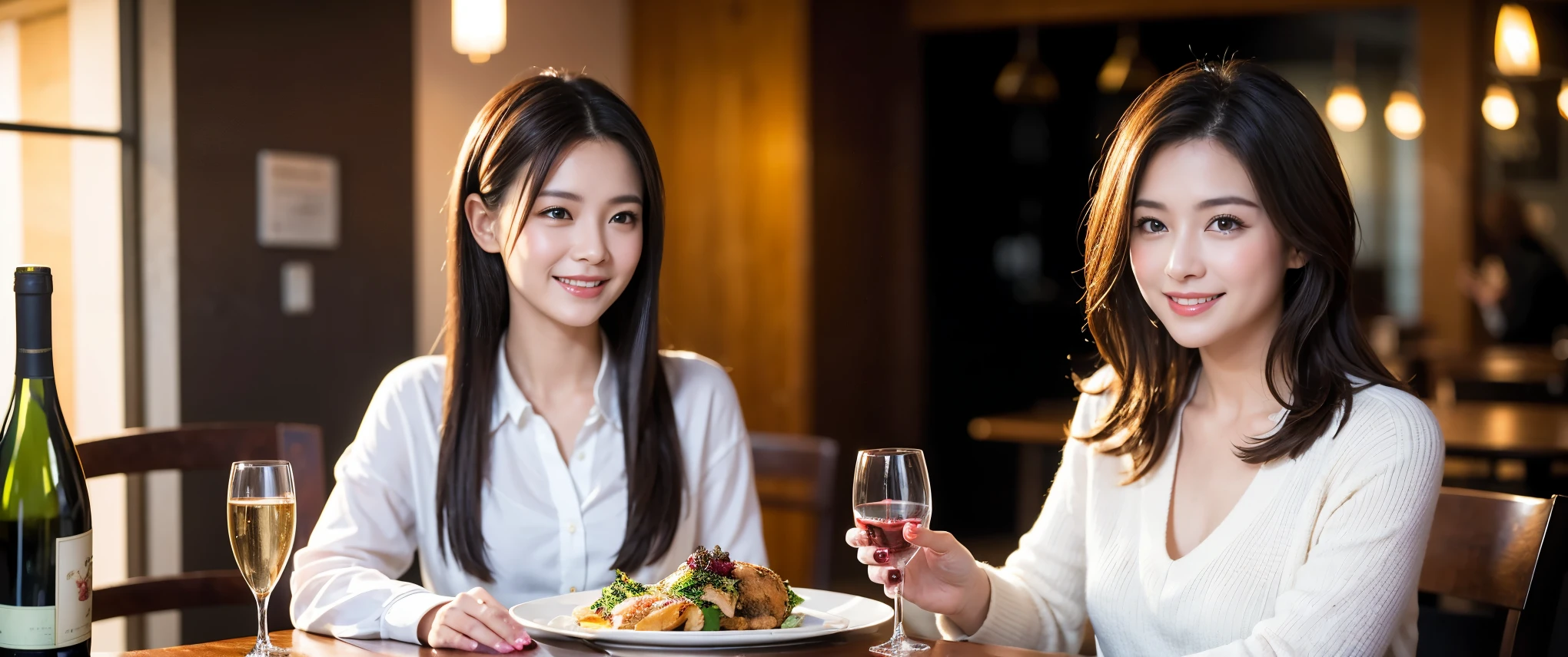 ((highest quality、8k、masterpiece:1.3))、Beautiful woman perfect body:1.4、slimなボディ、((Bob Hale、Straight hair:1.2))、 Ultra-high resolution, Bright image、2. The beauty of wine, Beautiful Face, blue eyes, Beautiful Eyes, The light shines on your face, Blushing your nose, short hair,Amazing view of the sunset sky and clouds、Amazing mountain views、ニコニコ明るいsmile、smileの素敵な女性、Bright Face、Fox face、Lady、Champagne、Wine bottle、wine glass、red wine 、Appetizers、Italian food、Two beauties、Brown Hair、Shortcuts、Long sleeve shirt、Winter Fashion、dress、Wine bottle、sparkling wine、Pretty Woman 1, (slimな顔), (Brown Hair), (Shortcuts), cheeks turn a little red, (42 years old), 39 years old, Attractive beauty、restaurant, Nova Frog Style, actress, model, Upper Body, White wine, slim, wine glass, 真ん中に置かれたwine glass, smile, (smile: 1.15), 綺麗なBeautiful Eyes, Strong light and shadow,Moist Body:1.5、Delicate eyes、Brown Hair、The hair is very shiny、