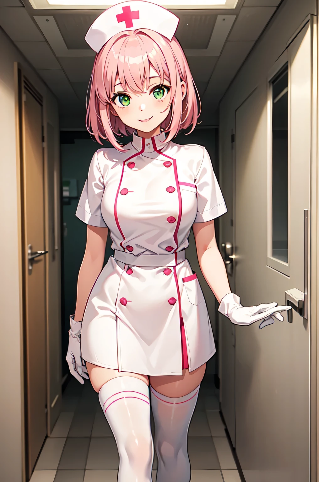 1girl, solo, nurse, white nurse cap, white nurse uniform, ((white legwear, zettai ryouiki)), white gloves, pink hair, green eyes, drooping eyes, smile, standing, ((hospital room)), sharp outline, short sleeves, best quality, masterpiece
