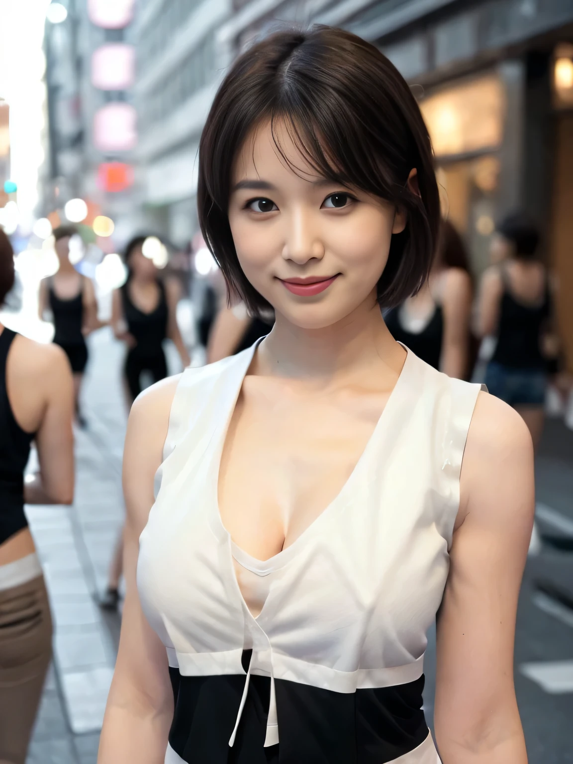 ((Real Photo:1.5)),Realistic、live-action、Real Face、Real Human Pictures、Cute Smile、looking at the camera、Staring at the audience、((D cup breasts:1.5)),((Cleavage)),((35-year-old Japanese woman)), (Slender body), (Perfect body: 1.1), Pale pink lipedium Short Hair: 1.2), Black Hair,  Full body photo, Crowded street, (((Wearing a white tank top and a black vest:1.3))), ((Shorts)), (Very delicate and beautiful), (masterpiece), (highest quality: 1.0), (super High resolution: 1.0), Beautiful lighting, Perfect Lightning, Realistic Shadows, [High resolution ], Delicate skin, Very detailed ((colorful)))