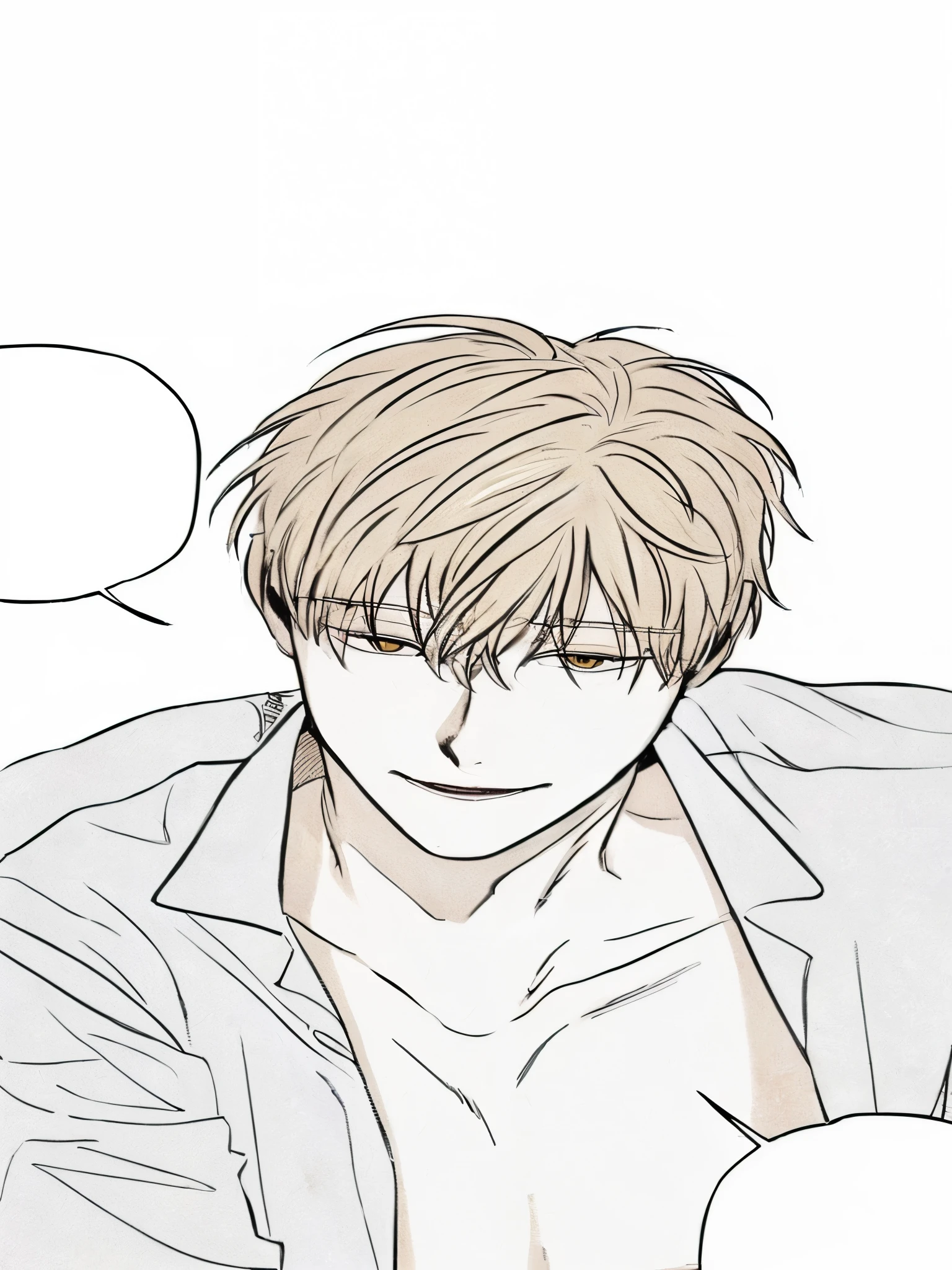 a close up of a person with a shirt on and a speech bubble, wry smirk, his eyes are yellow and have a mole under the eyes , his hair is blonde, he looks like a fox but so handsome