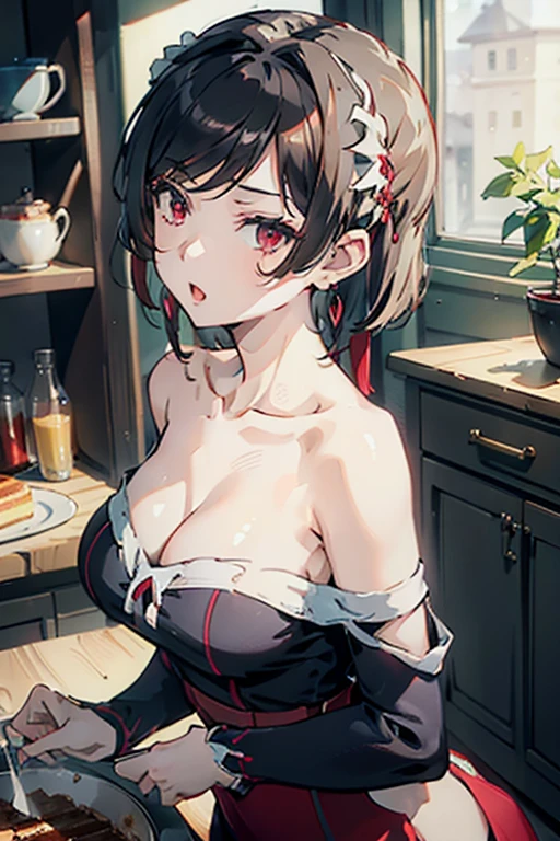 masterpiece, 1girl, Amazing Cleavage:1.3, thin waist, big ass, Raised sexy, medium breast:1.3,posed cleavage:1.2,solo, looking at viewer, open mouth, have a cup of coffee,black hair, red eyes, dress, bare shoulders, jewelry, collarbone, sidelocks, hairband, earrings, indoors, off shoulder, :o, sweater, arms behind back, plant, short hair with long locks, white hairband, off-shoulder dress, sweater dress, off-shoulder sweater, red sweater, big side hair, very long side hair,is rendered in (masterpiece: 1.2, best quality), with (ultra high resolution) and an exquisite (depth of field). This masterpiece is not only visually stunning but also tells, make of cooking some cakes ,in the kitchen
