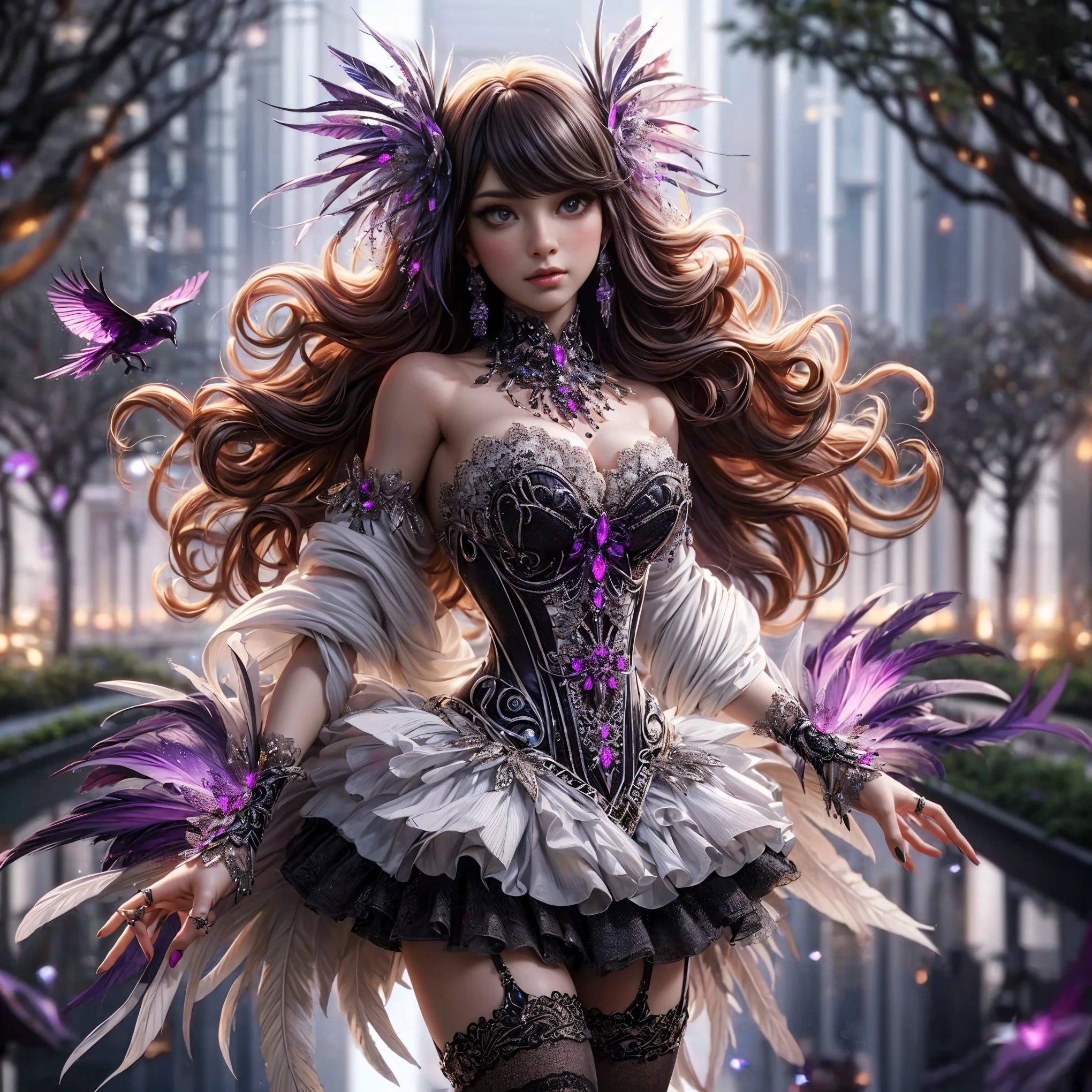 An asian woman with loose hair, standing on the stairs in the middle of a magical atmosphere, with a predominantly blue and red costume, a strapless corset-style dress decorated with bright purple jewels, a short tutu skirt, black thigh-high stockings with lace tops and ornaments purple jewels, white high heels with gold decoration, grand staircase background under mysterious sky full of stars and celestial bodies, crystal detailed, hyper realistic, hyperdetailTransparent clothing, Detailed gemstones, masterpiece, best quality:1.2),,(8k,highres,RAW photo,realistic,photo-realistic:1.3),(detailed skin texture,detailed cloth texture, beautiful detailed face:1.25),professional lighting,photon mapping,beautiful soft light,radiosity,physically-based rendering,raytracing, model shoot style, model shoot style, (extremely detailed CG unity 8k wallpaper), full shot body photo of the most beautiful artwork in the world (NSFW), (Nude), (Naked), (Nipple) (pussy) (exposed pussy) 