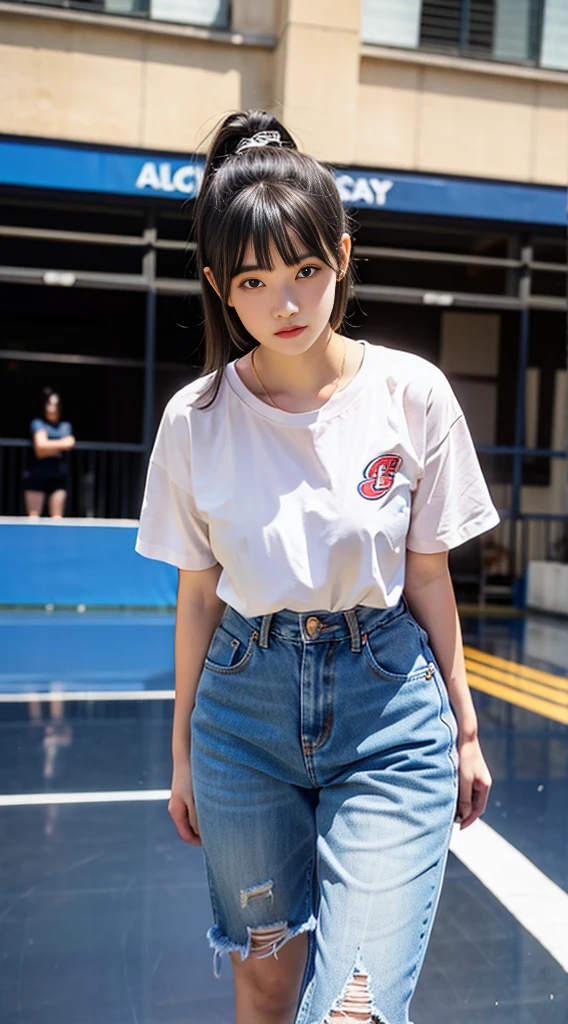Girls on the court,22 years old,Realistically,She wears jeans,Wearing a women's suit,Brown hair。Holding a badminton racket