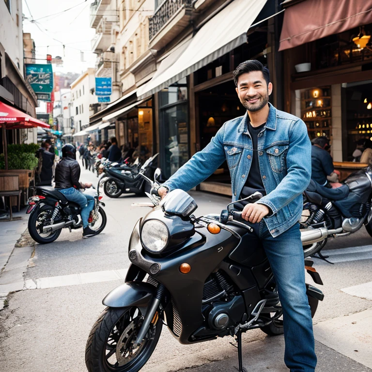 Image of an Asian man in his 30s riding a motorcycle through a calm urban setting. He is dressed casually, wearing a jacket and jeans. The motorcycle has a classic style, in shades of silver or black. In the background, there is a café terrace with people enjoying their meals. His expression is friendly and confident, ready for an adventure. The overall atmosphere of the image emphasizes an active and enjoyable lifestyle.