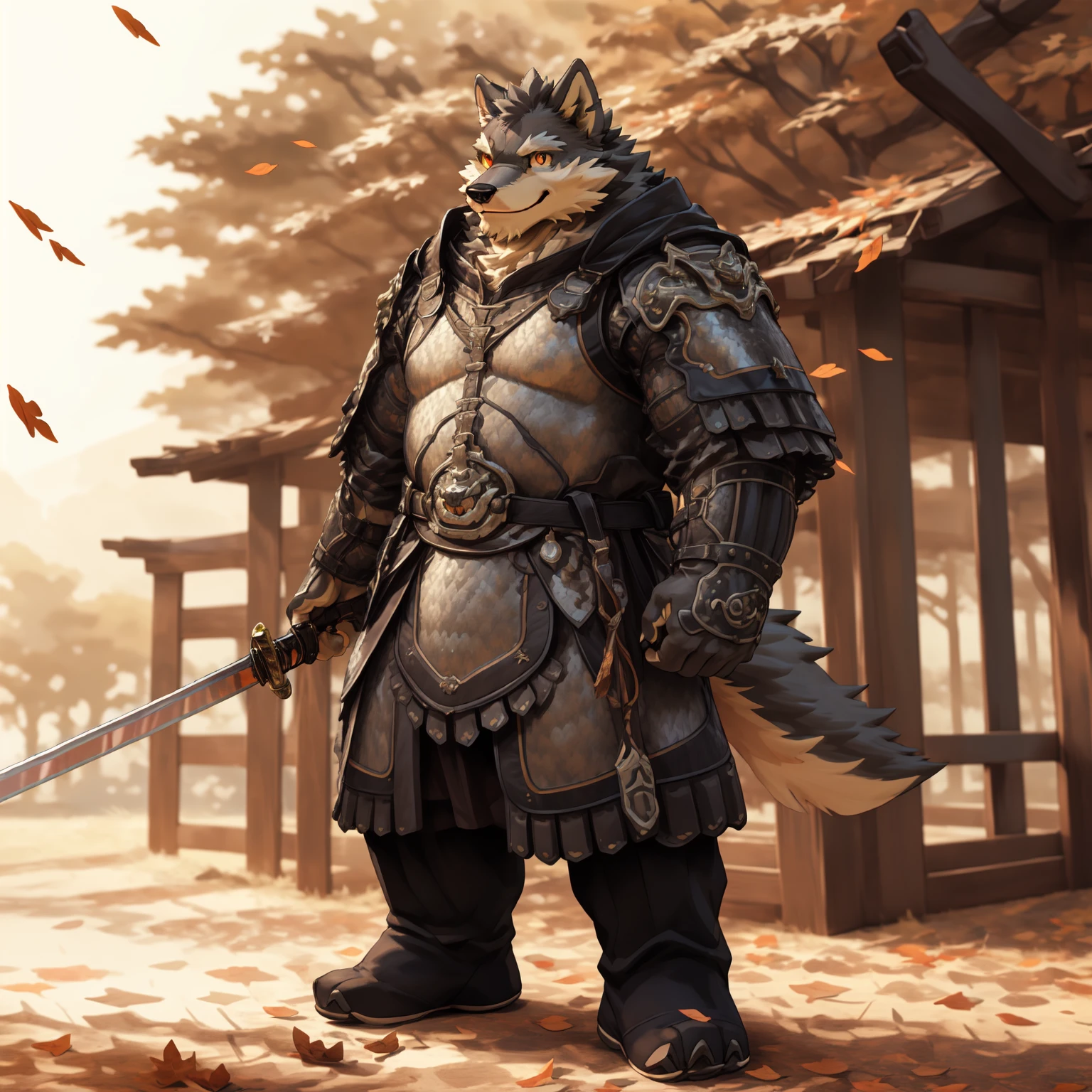 New Jersey 5 Furry,Wolf,Full body portrait,Exquisite,Robust, Thick arms,Rugged muscles,Gray plush fur,Orange Eyes,General in armor,In the shade,Wind blows away fallen leaves,Raise your sword,front,Smile,confidence