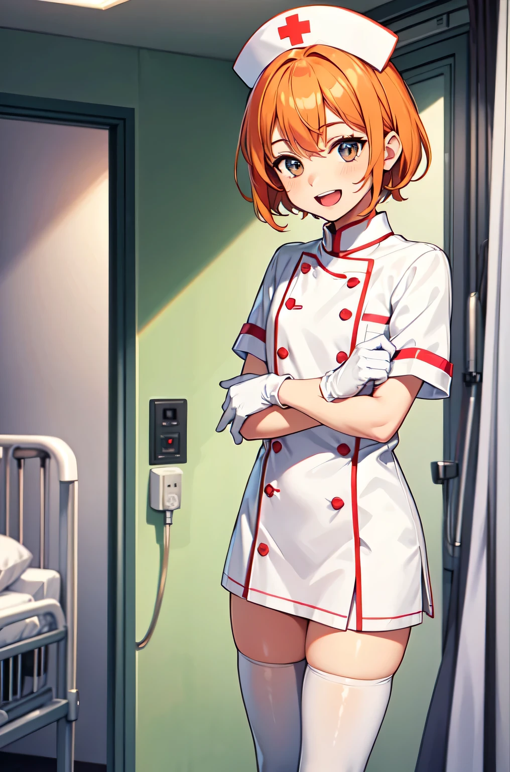 1boy, solo, male focus, nurse, white nurse cap, white nurse uniform, ((white legwear, zettai ryouiki)), white gloves, short hair, orange hair, smile, open mouth, standing, ((hospital room)), sharp outline, short sleeves, shota, 12 years old, best quality, masterpiece