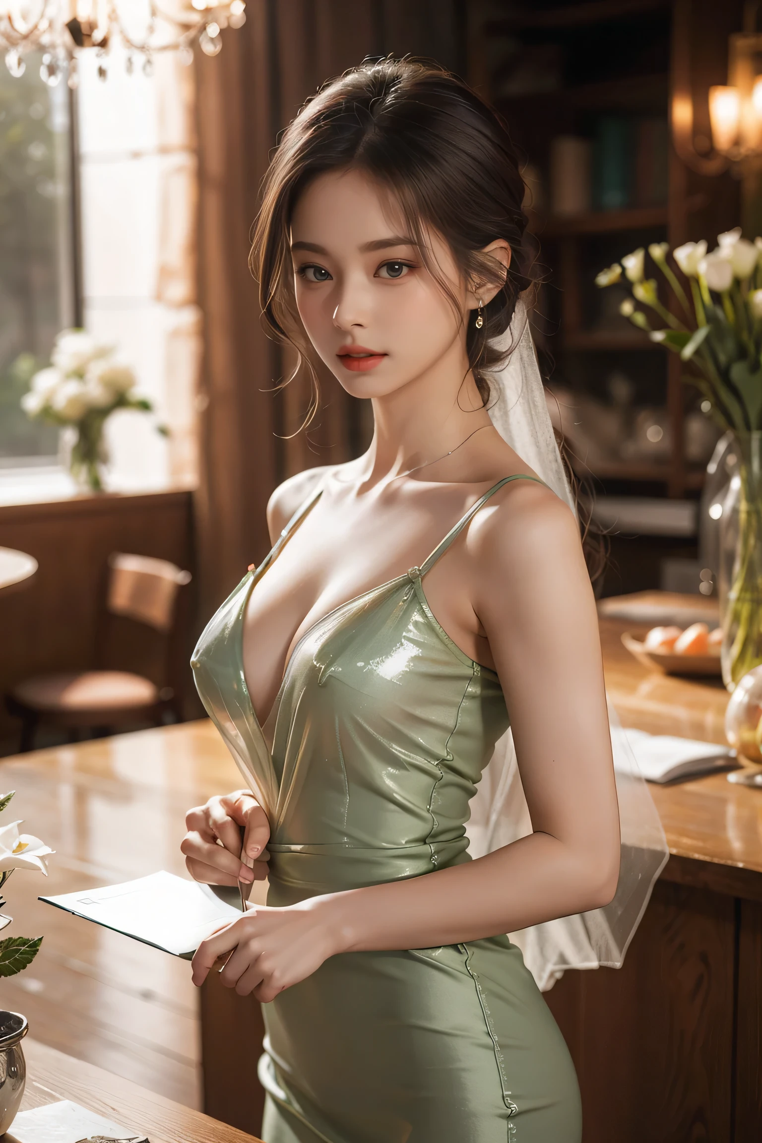 huge breasts (no bra),Top quality work，Photorealistic works，Ultra Premium Graphics，8K HD CG works，High-quality graphics，High-definition fine CG works，10x pixel，Ultra-fine details：1.1，Advanced technical details：1.1Photographically realistic，Indoor lighting effects：1.5，Natural light：1.5. light effect（Virtual Light Effects：1.8），超A high resolution，((see-through silhouette)), ((see-through semi transparent dress , green dress))，Translucent dress，Long silver hair，Silver hair，Transparent hair，High Detail Hair（Premium Hair Detail：1.1）Clear eyes，Good looking double eyelids，Sharp eye makeup, Delicate makeup for eyelashes, Thin eyebrows, ultradetailed eyes，High Nose, lovely red lips, Rose cheeks, Face with delicate makeup , Pretty Face, A perfectly proportioned face,（Advanced facial details：1.1）, see-through silhouette,semi transparent dress，Translucent dress , shiny，onderful dress ，Authentic dress works，In the banquet hall，Women's Artwork，full-body view，Goddess of Dress，Reality，amazing，Today's eyes are bright