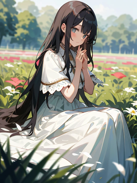 （tmasterpiece，best qualtiy），Sit in a field of greenery and flowers，Long haired girl with hands under chin，warmly lit，white dresses，Blurred foreground。