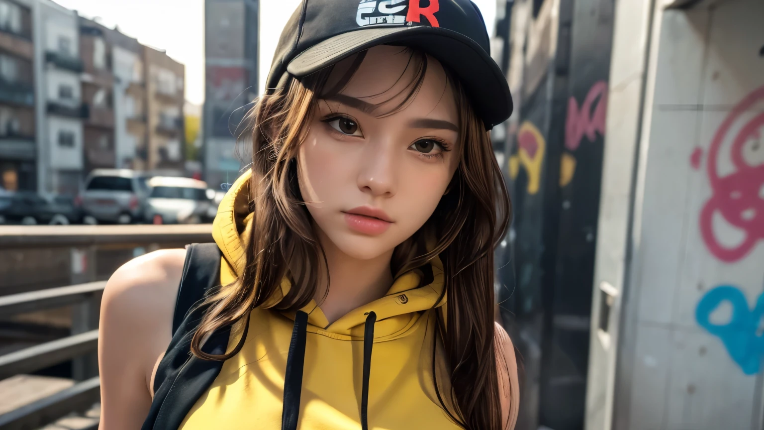 masterpiece, highest quality, Very detailed, 8k, Realistic, One Girl, alone, Tomboy, Very detailed face, (head shot:1.5), Upper Body, Standing in front of a wall covered in hip hop graffiti, Light brown long hair, He is wearing a short black tank top and an open-zipped yellow hoodie.。., Reaching into the pocket of a hoodie