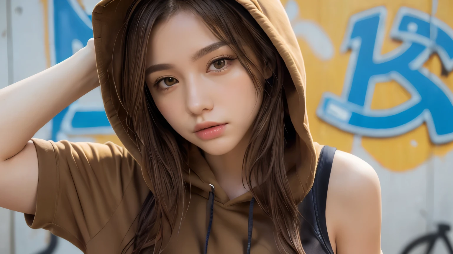 masterpiece, highest quality, Very detailed, 8k, Realistic, One Girl, alone, Tomboy, Very detailed face, (head shot:1.5), Upper Body, Standing in front of a wall covered in hip hop graffiti, Light brown long hair, He is wearing a short black tank top and an open-zipped yellow hoodie.。., Reaching into the pocket of a hoodie