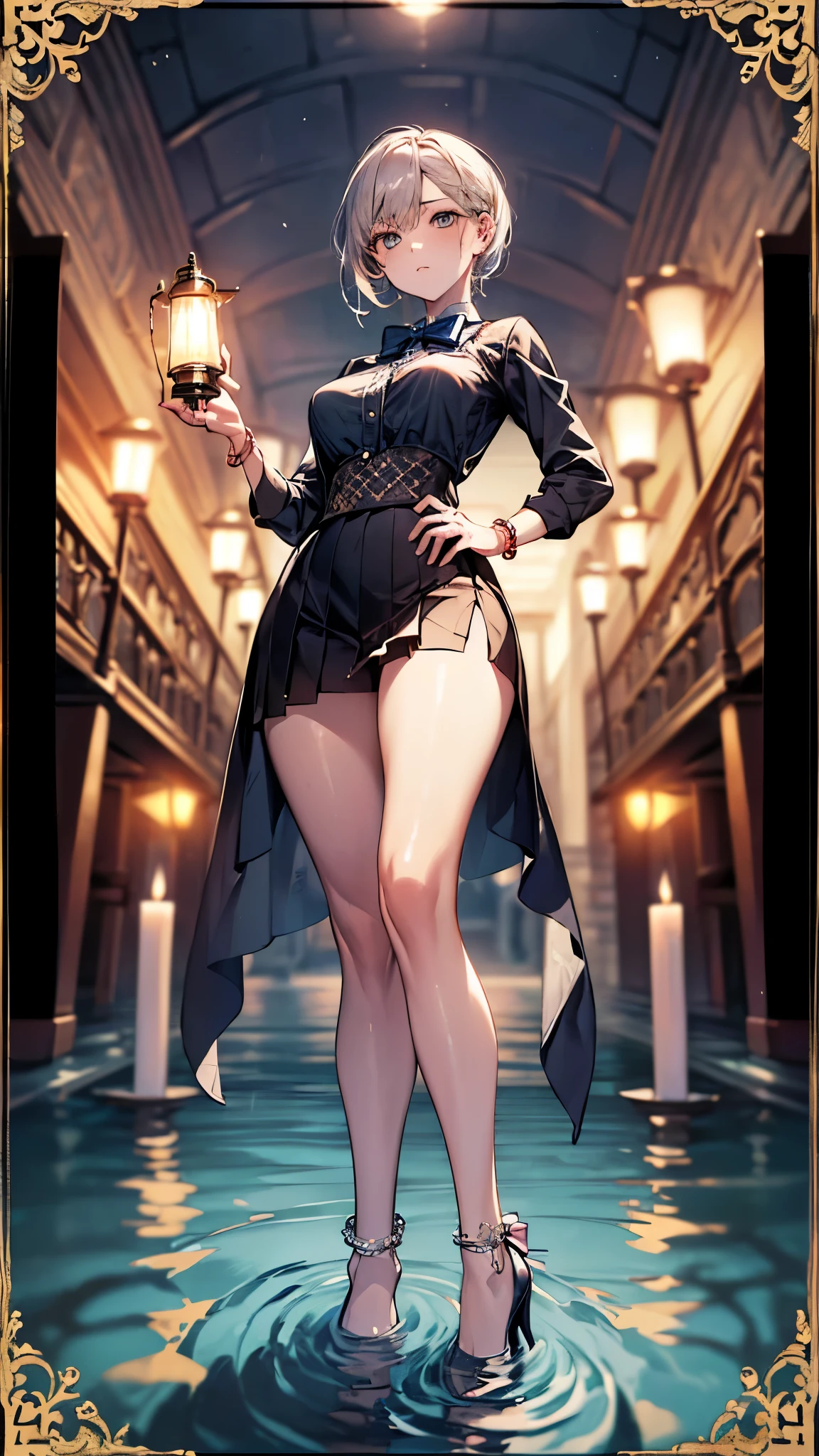 ((Biologically correct limb count))、(( whole body including face))、4K、Masterpiece、((Focus on the face))、((Symmetrical, well-proportioned facial features))、Eyes with delicate depictions、Beautiful woman、Outstanding style、Slender Body、(High heels with anklets、Shiny Stockings)、(((Lantern sink、A lot of candles)))、(No sleeve、Checkered block pleated skirt)、A bow tie、(((White frame photo)))、Looking down and looking up、Expressionless、(((Riverside、Stand on the surface of the water)))