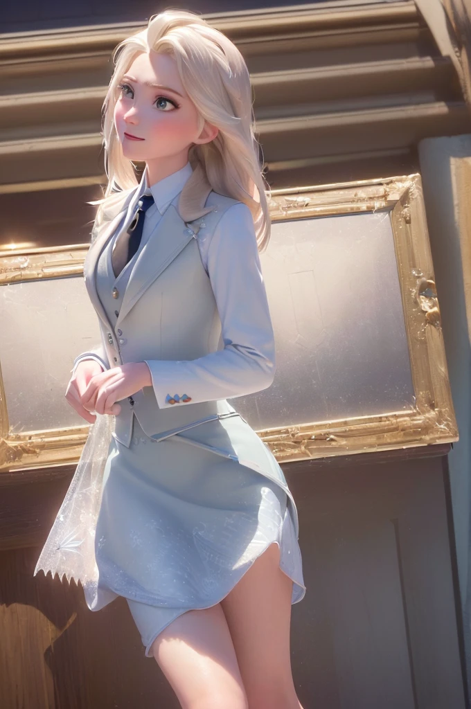 (masterpiece:1.4), (Best quality:1.4), (high resolution:1.4), Elsa of Arendelle, Long hair, (((Skirt suit))), (((3-piece-suit))), (((tie))), (((Dress Shirts))), (((suit))), (((suit))), (((Vest))), double-breasted Vest, (((Tight mini skirt))), Pencil Skirt, tie夹, Pocket Watch, Pocket Square, Cufflinks,outdoor, (ocean, support, Fall, autumn:1.3), Smile,